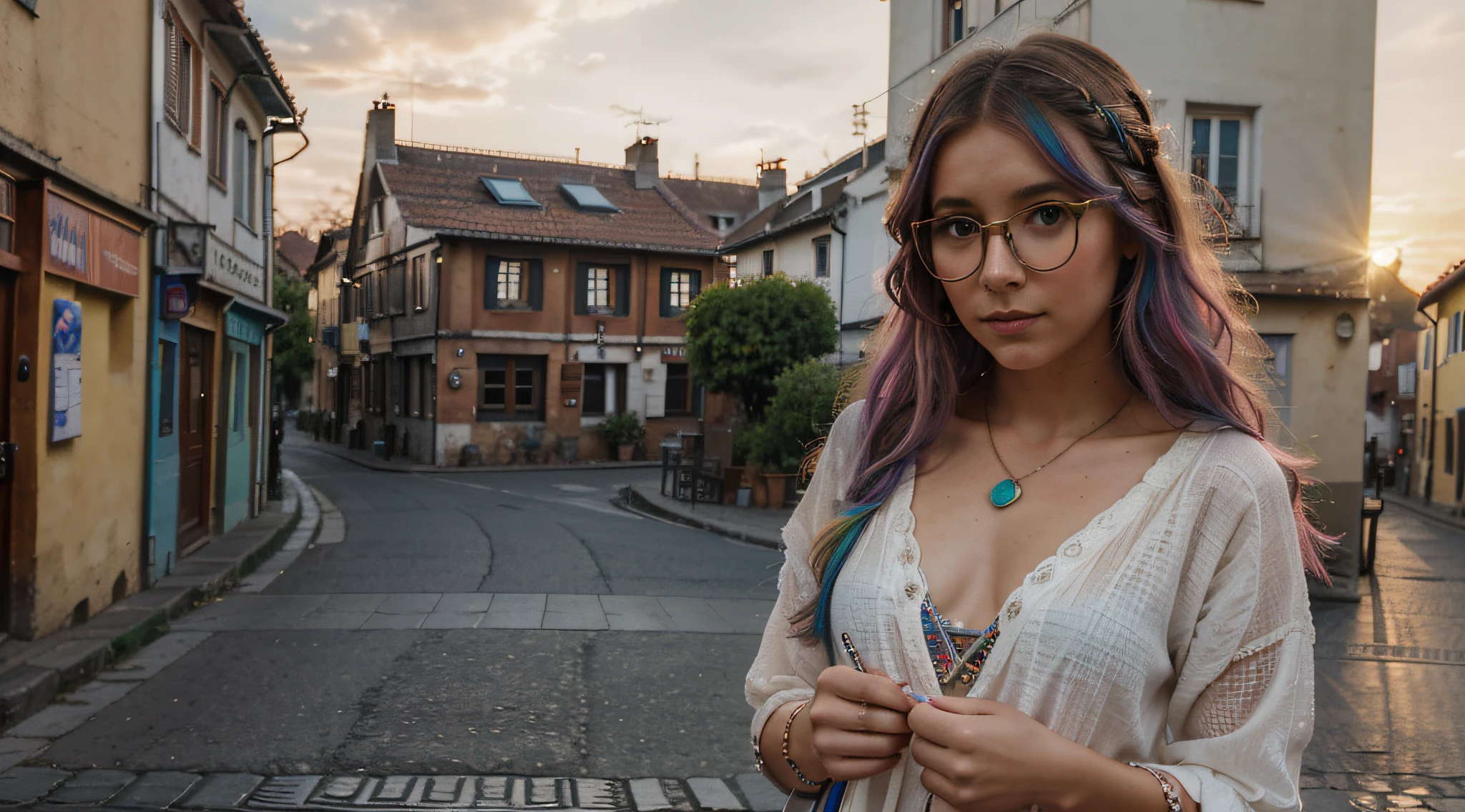 Cute Girl Designer, comes from the institute, Rainbow hair, nose piercing, A roll of Whatman paper in the bag, Sketchbook, wears delicate glasses, boho style clothing, A small European town, Evening sunset, Dreamy, Masterpiece, ultradetail, 4k, 8k, full HD