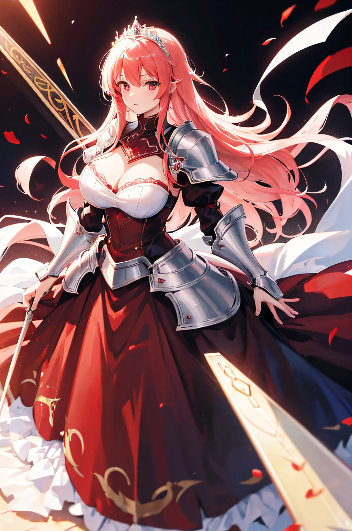 4k,hight resolution,One Woman,White red hair,Longhaire,Bright red eyes,large full breasts,hime,Princess Knight,Princess Dresses,knight armor,Heavy Armor,Princess Tiara,Excalibur,jewel decorations