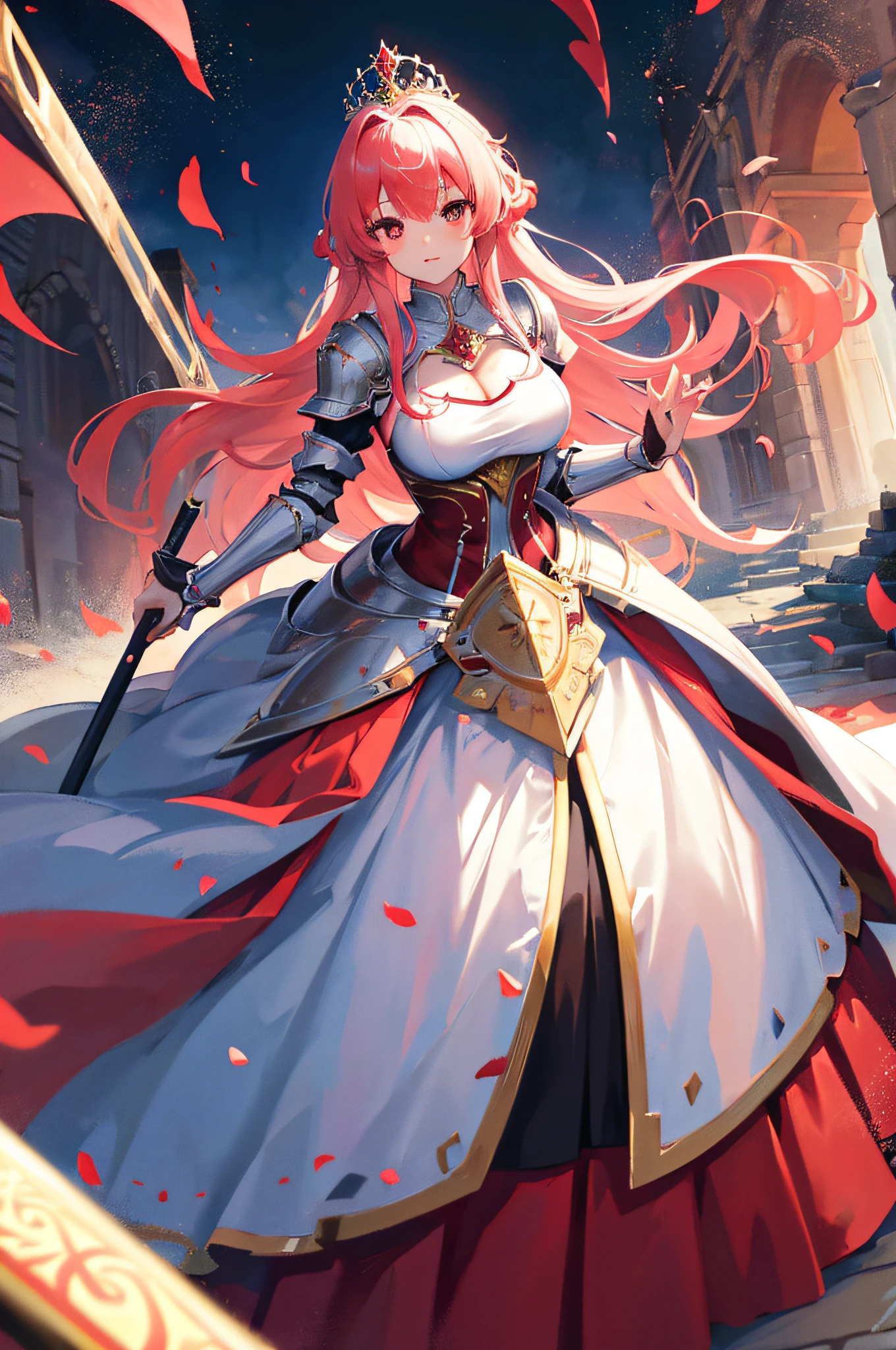 4k,hight resolution,One Woman,White red hair,Longhaire,Bright red eyes,hime,Princess Knight,Princess Dresses,knight armor,Heavy Armor,Princess Tiara,Excalibur,jewel decorations,uni