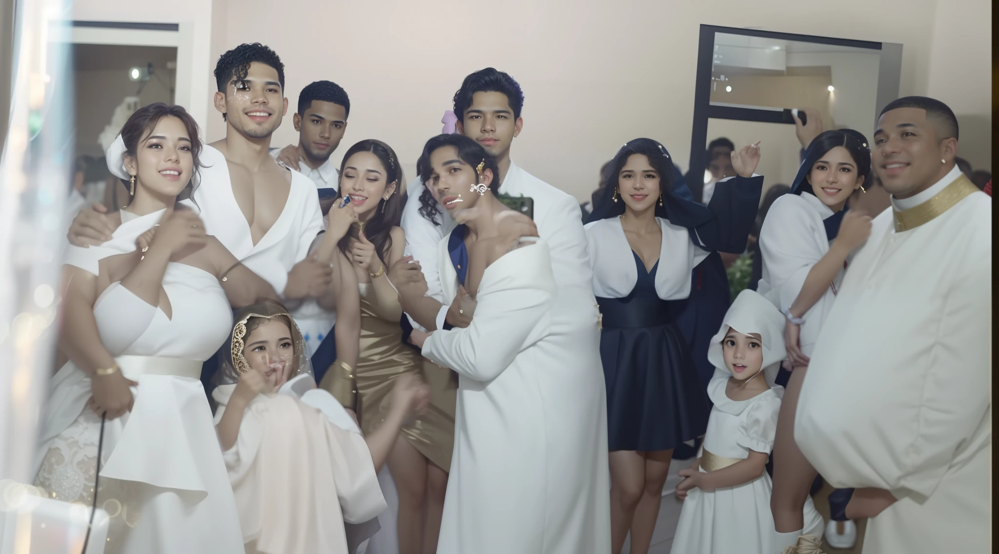 there are many people posing for a picture together in a room, still from a music video, um alambique de um feliz, videoclipe, casamento, Videoclipe oficial, video still, Executando um videoclipe, todo mundo se divertindo, pano de fundo, ainda do filme, vestindo vestes brancas!, jayson tatum as mother mary, inacabado, editing, oficial, fami, making of