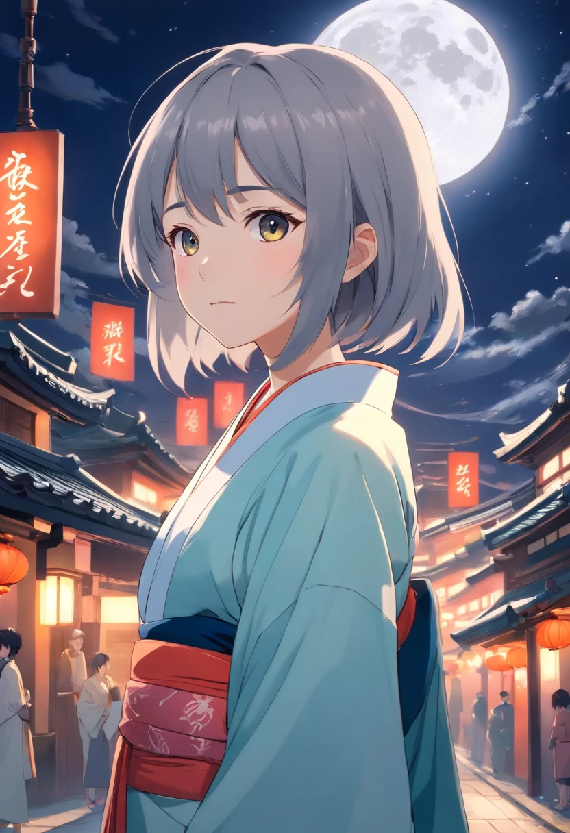 hairlong，the night，full moon，-yeld grhaired girl，Chinese Taoist Kimono，slight smile，Look at the lens