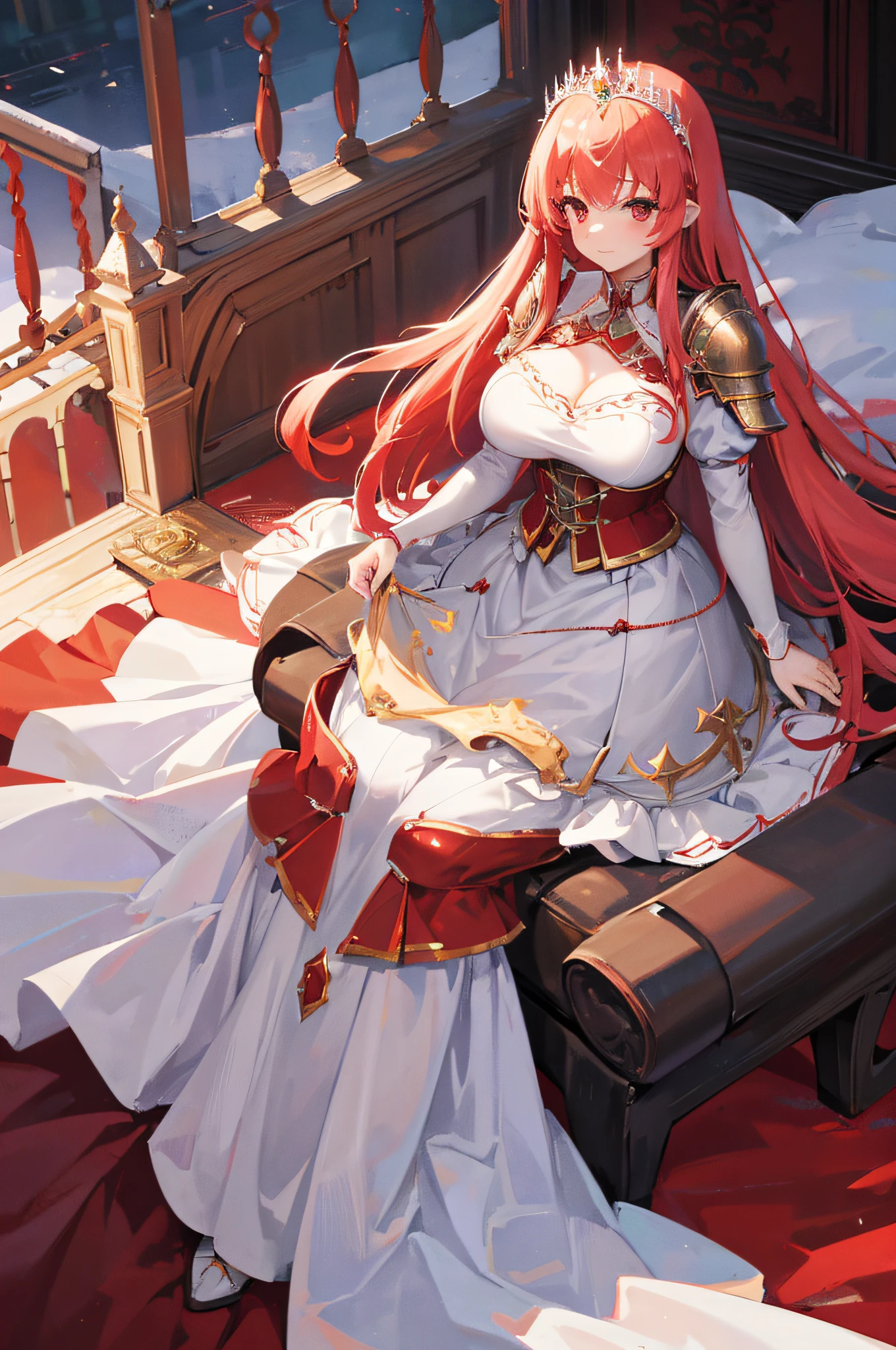 4k,hight resolution,One Woman,White red hair,Longhaire,Bright red eyes,large full breasts,hime,Princess Knight,Princess Dresses,knight armor,Heavy Armor,Princess Tiara,Excalibur,jewel decorations