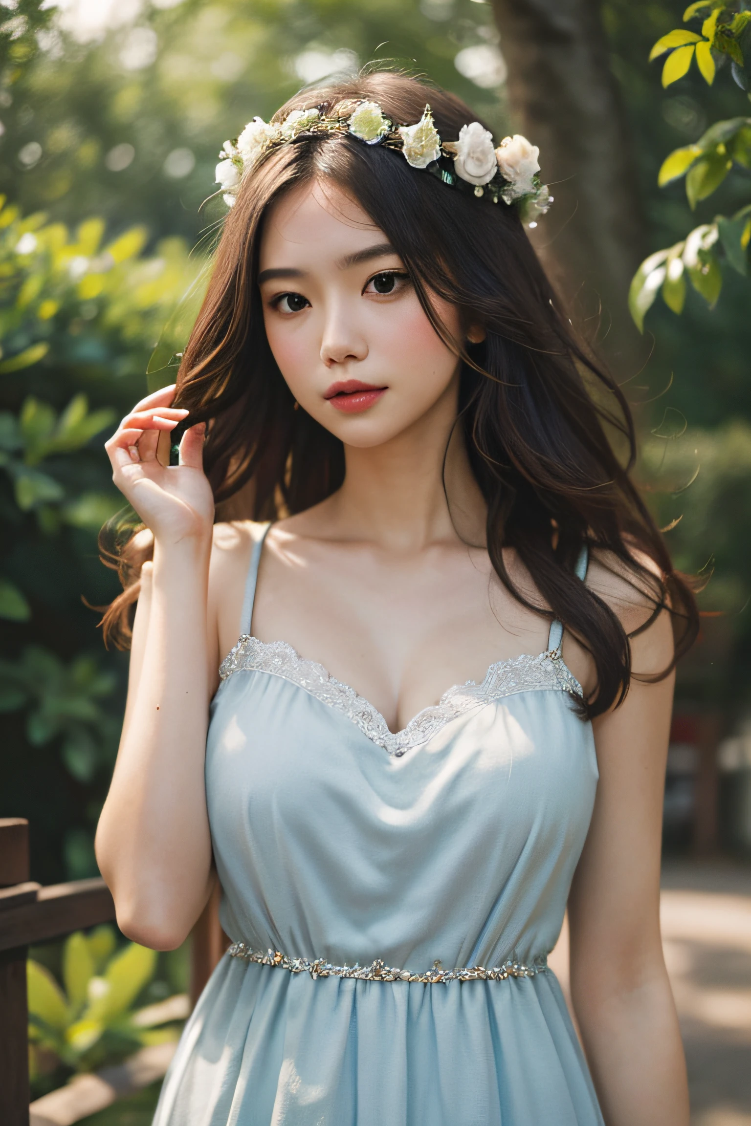 (masutepiece:1. 2), (Realistic:1. 4), (post processed:1. 3), (Sharp Focus:1. 3), 8K, mid-body shot (85mm Photo) , femele, Portrait, plein air, Empire Waist Dress, Bokeh, Wavy Hair , (Highly detailed body, Highly detailed face, Highly detailed eye, Best Quality:1. 2)
