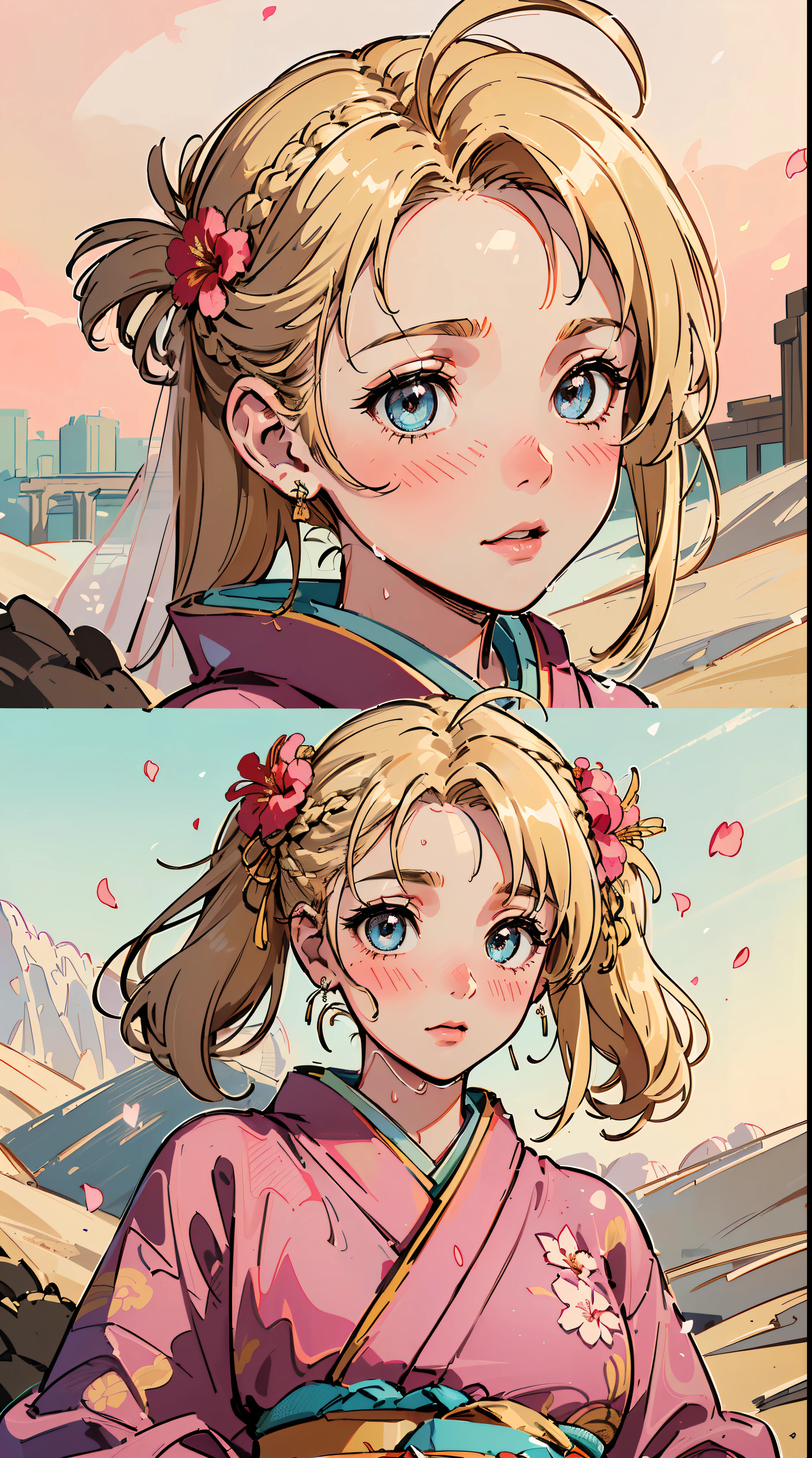 (((((((Blushing,cute cheeks,blonde hair，large wedding kimono with flower))))))，((1girl,Solo,Amazing,Cute Korean mixed-race girl，rosto magro,))(Masterpiece,Best quality, offcial art, Beautiful and aesthetic:1.2),((HD,Golden ratio,)) (16k),((sakura petals,snow pieces)),(Physically-based rendering),((((on a desert,sandstorm,)))) (((highdetailskin,)))，((Hibiscus face)),((((detailed hairs|middle hair|french braid|forehead|soaked hair|twintail|ahoge)))),Slender,thicc,(masterpiece sidelighting),(The sheen),(Beautiful hair,Beautiful eyes,）[[Delicate fingers and hands:0.55]::0.85],(Detail fingers),(((Superior quality,)))),((unbelievable Ridiculous quality,)),((extremely_Detailed_Eyes_and_face)),Movie girl,(Dynamic configuration: 1.2),Brilliant, (Photorealistic), ((pink ribbon on hair)),Ultra-precise depiction, Ultra-detailed depiction