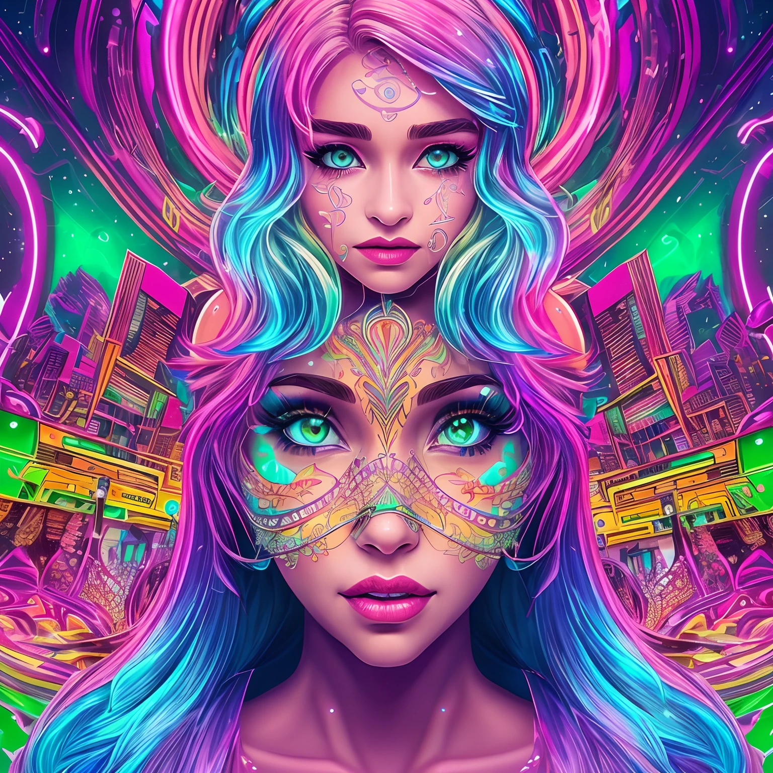 Emilia Clarke in colorful explosion psychedelic paint colors, fine details, stunning, beautiful, very detailed, high quality, ultra detailed, 1girl, solo, fashion, beautiful detailed light blue_eyes, smile, blond hair, closeup, dark skin, brown skin tone, caramel skin tone [(colorful explosion psychedelic paint colors:1.2)::0.25], (hallucinating colorful), (iridecent), (holographic), cover art, (shiny skin:1.1), (glossy sexy bimbo:1.1), illustration, studio shot, smooth, skin, shiny_skin, eyelashes, eyeshadow, lips, lipstick, makeup, nose, parted_lips,standing, navel, (((neon city background))), intricate, face, elegant, beautiful, highly detailed, sharp focus, trending on artstation, artstationhd, artstationhq, unreal engine, 4 k, 8 k