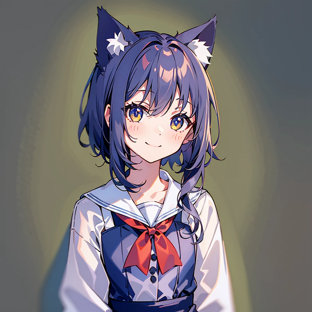 1 girl, Solo, (tchibi: 1.4), facing right, standing, Smiling, cheveux gris courts,cat ear, Navy blue sailor suit, Red ribbon, White background