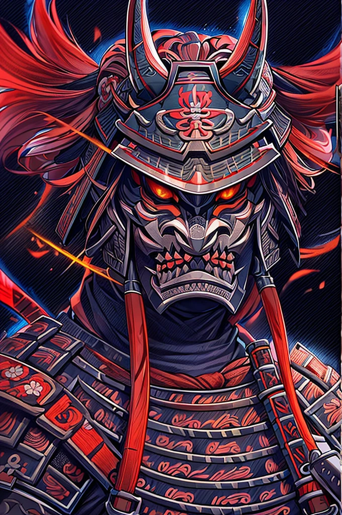 (best quality,ultra-detailed),epic samurai helmet,fully armored samurai,samurai demon mask,sharp focus,detailed katana,samurai calligraphy,dark background,vivid colors,anime style,moody lighting