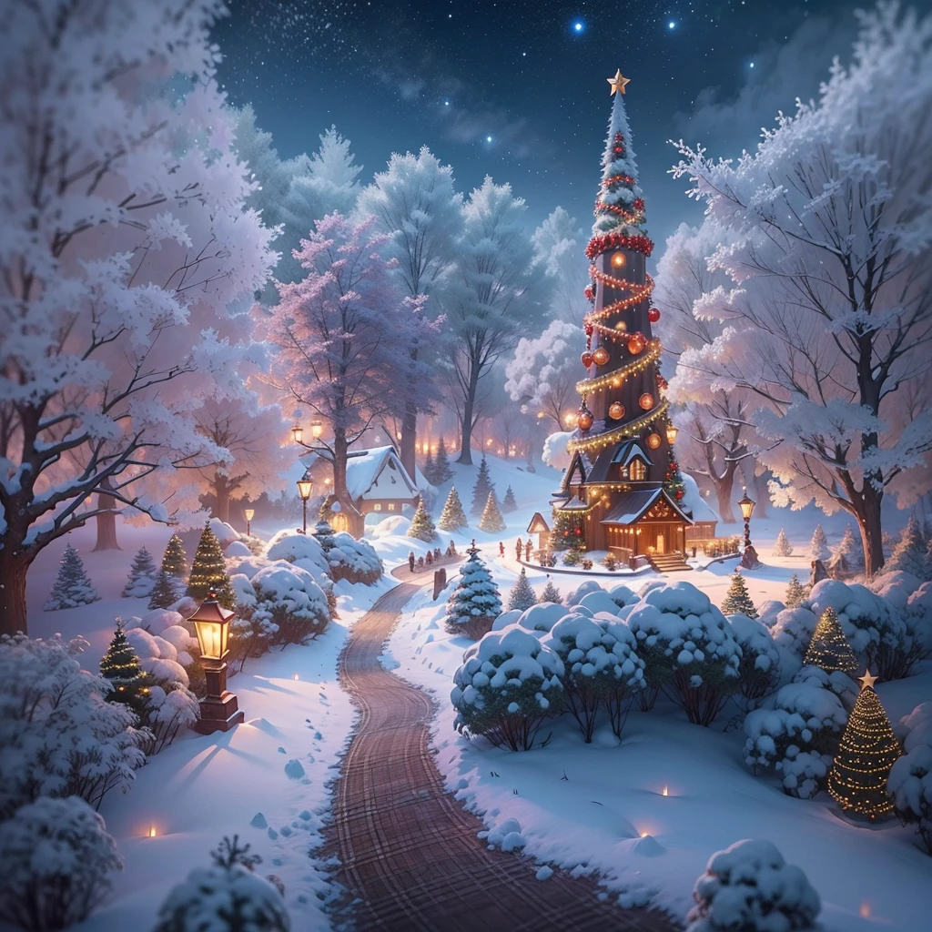 Mysterious fairytale world,((A breathtaking view of the rime))。The earth was shrouded in a thin layer of mist,It's as if it's a veil of mystery over the whole world。Elements of Christmas float in the white mist,Like flashing lights、Red flannel and bright stars,It creates an atmosphere of joy and mystery。 ((In the midst of this rime,The trees are covered in frost,It seems to be the abode of elves in a winter wonderland))。Each tree is adorned with colorful Christmas lights,Illuminates the entire rime world,Make it full of warmth and blessings。The branches are covered with red and green flannel ornaments,It's like a gift left by the elves,Make this forest more vibrant。 Looming in the fog is a magnificent Christmas castle,Its spire is dotted with sparkling stars,The whole castle exudes an air of mystery and joy。The interior of the castle is decorated with a variety of festive decorations,Gorgeous hangings、Colorful garlands and sparkling lights complement each other,It gives a captivating visual experience。 Follow a trail paved with flannel and Christmas lights,You will find a group of happy elves singing and dancing,They have bright lanterns in their hands,Jumping happily,Create a joyful scene。 The whole scene is rendered by fog and Christmas elements into a mysterious and joyful picture,Every detail is full of magic and mystery。In this fairytale world,gleeful、Blessings and warmth fill every corner,It's fascinating,Feel like you're in the middle of an eternal Christmas celebration, UHD, masterpiece, ccurate, anatomically correct, super detail, 8k, best quality