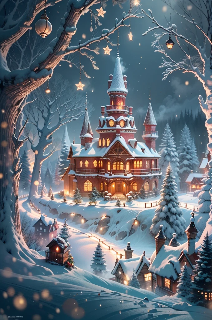 When I close my eyes，Recall that mysterious fairy tale world，I saw a beautiful view of the rime。In this world，The earth was shrouded in a thin layer of mist，It's like a veil of mystery that envelops the whole world。Christmas elements float in the white mist，Like flash、Red flannel and bright stars，It creates an atmosphere of joy and mystery。 In this rime，The trees are covered with frost，It seems to be the abode of elves in a winter wonderland。Each tree is decorated with colorful Christmas lights，Light up the whole rime world，Let it be filled with warmth and blessings。The branches are covered with red and green flannel ornaments，It's like a gift left by the elves，Make this forest more vibrant。 Looming in the fog is a magnificent Christmas castle，Its spire is dotted with sparkling stars，The entire castle exudes an air of mystery and joy。The interior of the castle is decorated with various festive decorations，Gorgeous drapery、Colorful garlands and sparkling lights complement each other，It gives a captivating visual experience。 Follow the trails paved with flannel and Christmas lights，You will find a group of happy elves singing and dancing，They had bright lanterns in their hands，Jump happily，Create a joyful scene。The elves are dressed in gorgeous holiday costumes，He wears a fringed hat on his head，It's like a messenger from a fairy tale world，It has brought endless joy and blessings to this world。 The whole scene is rendered with fog and Christmas elements into a mysterious and joyful picture，Every detail is full of magic and mystery。In this fairytale world，gleeful、Blessings and warmth fill every corner，It's fascinating，Feel like you're in the middle of an eternal Christmas celebration