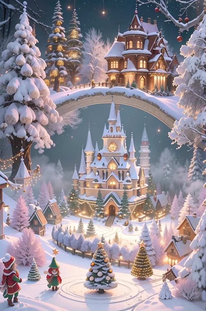 When I close my eyes,Recall that mysterious fairy tale world,I saw a beautiful view of the rime。In this world,The earth was shrouded in a thin layer of mist,It's like a veil of mystery that envelops the whole world。Christmas elements float in the white mist,Like flash、Red flannel and bright stars,It creates an atmosphere of joy and mystery。 In this rime,The trees are covered with frost,It seems to be the abode of elves in a winter wonderland。Each tree is decorated with colorful Christmas lights,Light up the whole rime world,Let it be filled with warmth and blessings。The branches are covered with red and green flannel ornaments,It's like a gift left by the elves,Make this forest more vibrant。 Looming in the fog is a magnificent Christmas castle,Its spire is dotted with sparkling stars,The entire castle exudes an air of mystery and joy。The interior of the castle is decorated with various festive decorations,Gorgeous drapery、Colorful garlands and sparkling lights complement each other,It gives a captivating visual experience。 Follow the trails paved with flannel and Christmas lights,You will find a group of happy elves singing and dancing,They had bright lanterns in their hands,Jump happily,Create a joyful scene。The elves are dressed in gorgeous holiday costumes,He wears a fringed hat on his head,It's like a messenger from a fairy tale world,It has brought endless joy and blessings to this world。 The whole scene is rendered with fog and Christmas elements into a mysterious and joyful picture,Every detail is full of magic and mystery。In this fairytale world,gleeful、Blessings and warmth fill every corner,It's fascinating,Feel like you're in the middle of an eternal Christmas celebration