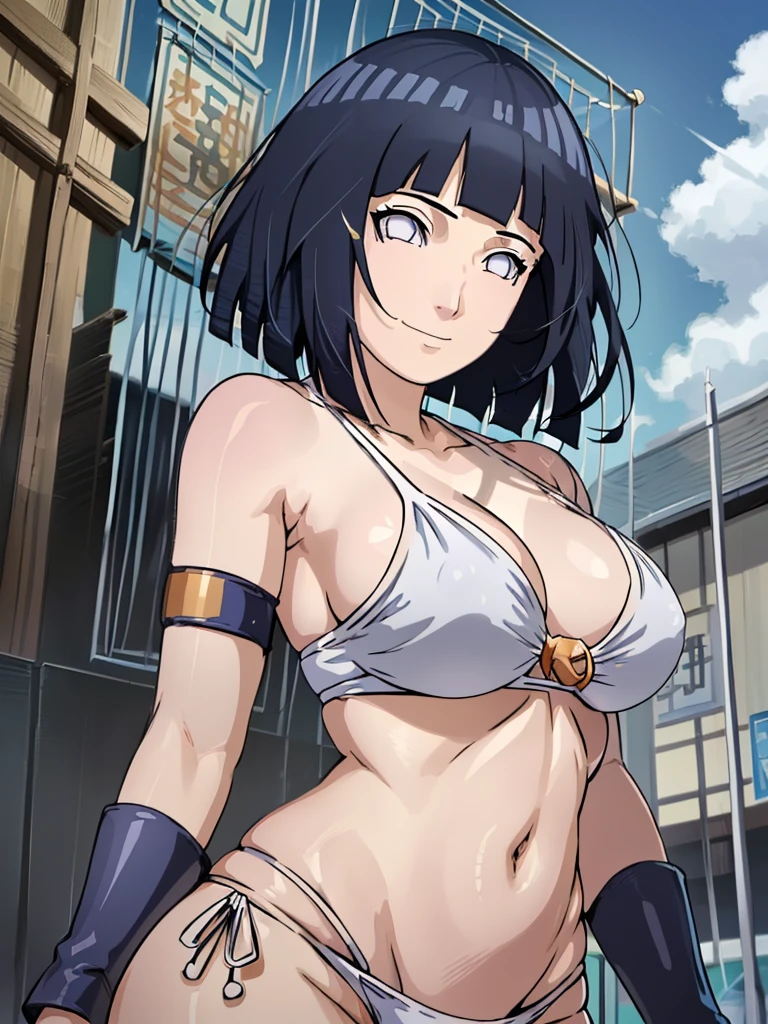 wind effect, thick arms, flexing arm muscles, cloud background, anime style, cute , beautiful mother, nice body, soft body, long belly, (hinata\(boruto\), (female wrestler), (slender body), mature woman , broad shoulders, off-shoulders, (transparent bikini, white bikini only, pro wrestling outfit, bangles), smile, closed mouth, pale skin, cute, smile, (dark blue hair color:1.1), wavy hair, floating hair, ((short hair, hime cut, loose hair), big breasts, (only one arm stretching), long belly, (closed fists), , (perfect eyes, white sciera, bright eyes, white eyes, anime eyes)
