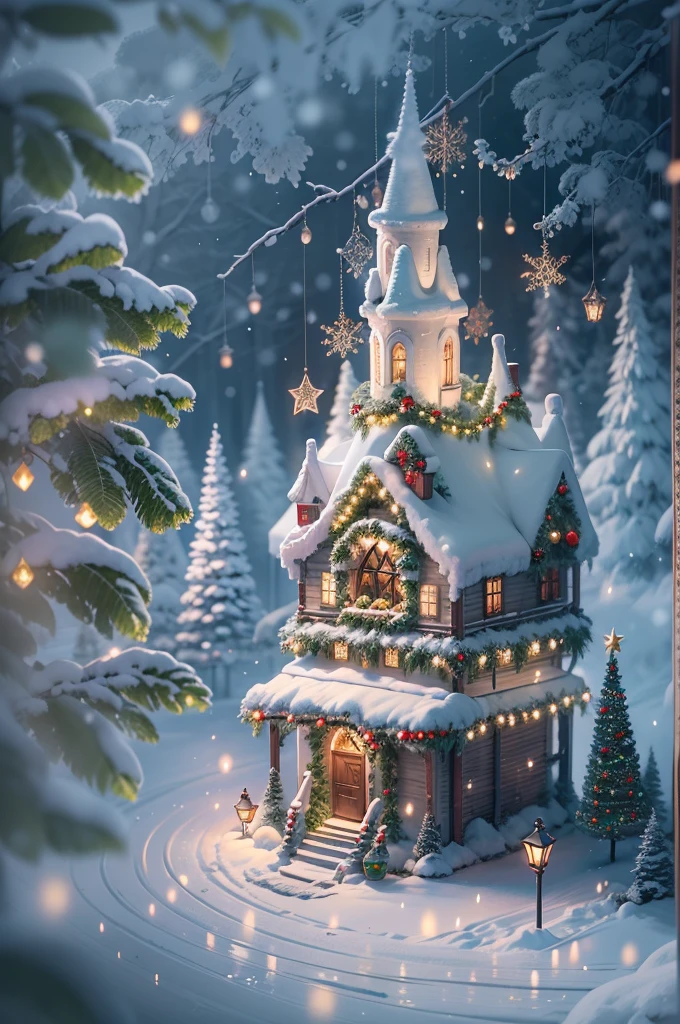 When I close my eyes,Recall that mysterious fairy tale world,I saw a beautiful view of the rime。In this world,The earth was shrouded in a thin layer of mist,It's like a veil of mystery,Shrouded in the whole world。Christmas elements float in the white mist,Like flash、Red flannel and bright stars,It creates an atmosphere of joy and mystery。 In this rime,The trees are covered with frost,It seems to be the abode of elves in a winter wonderland。Each tree is decorated with colorful Christmas lights,Light up the whole rime world,Let it be filled with warmth and blessings。The branches are covered with red and green flannel ornaments,It's like a gift left by the elves,Make this forest more vibrant。 Looming in the fog is a magnificent Christmas castle,Its spire is dotted with sparkling stars,The entire castle exudes an air of mystery and joy。The interior of the castle is decorated with various festive decorations,Gorgeous drapery、Colorful garlands and sparkling lights complement each other,It gives a captivating visual experience。 Follow a trail paved with flannels and Christmas lights,You will find a group of happy elves singing and dancing,They had bright lanterns in their hands,Jump happily,Create a joyful scene。The elves are dressed in gorgeous holiday costumes,He wears a fringed hat on his head,It's like a messenger from a fairy tale world,It has brought endless joy and blessings to this world。 The whole scene is rendered with fog and Christmas elements to create a mysterious and joyful picture,Every detail is full of magic and mystery。In this fairytale world,gleeful、Blessings and warmth fill every corner,It's fascinating,Feel like you're in the middle of an eternal Christmas celebration