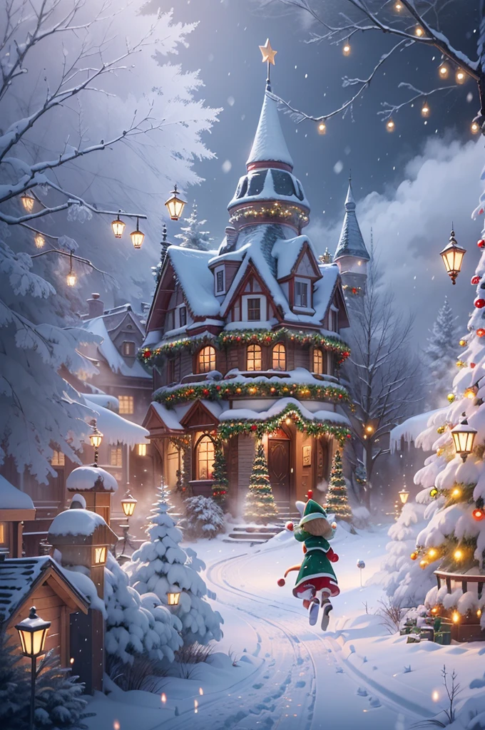 When I close my eyes，Recall that mysterious fairy tale world，I saw a beautiful view of the rime。In this world，The earth was shrouded in a thin layer of mist，It's like a veil of mystery，Shrouded in the whole world。Christmas elements float in the white mist，Like flash、Red flannel and bright stars，It creates an atmosphere of joy and mystery。 In this rime，The trees are covered with frost，It seems to be the abode of elves in a winter wonderland。Each tree is decorated with colorful Christmas lights，Light up the whole rime world，Let it be filled with warmth and blessings。The branches are covered with red and green flannel ornaments，It's like a gift left by the elves，Make this forest more vibrant。 Looming in the fog is a magnificent Christmas castle，Its spire is dotted with sparkling stars，The entire castle exudes an air of mystery and joy。The interior of the castle is decorated with various festive decorations，Gorgeous drapery、Colorful garlands and sparkling lights complement each other，It gives a captivating visual experience。 Follow a trail paved with flannels and Christmas lights，You will find a group of happy elves singing and dancing，They had bright lanterns in their hands，Jump happily，Create a joyful scene。The elves are dressed in gorgeous holiday costumes，He wears a fringed hat on his head，It's like a messenger from a fairy tale world，It has brought endless joy and blessings to this world。 The whole scene is rendered with fog and Christmas elements to create a mysterious and joyful picture，Every detail is full of magic and mystery。In this fairytale world，gleeful、Blessings and warmth fill every corner，It's fascinating，Feel like you're in the middle of an eternal Christmas celebration