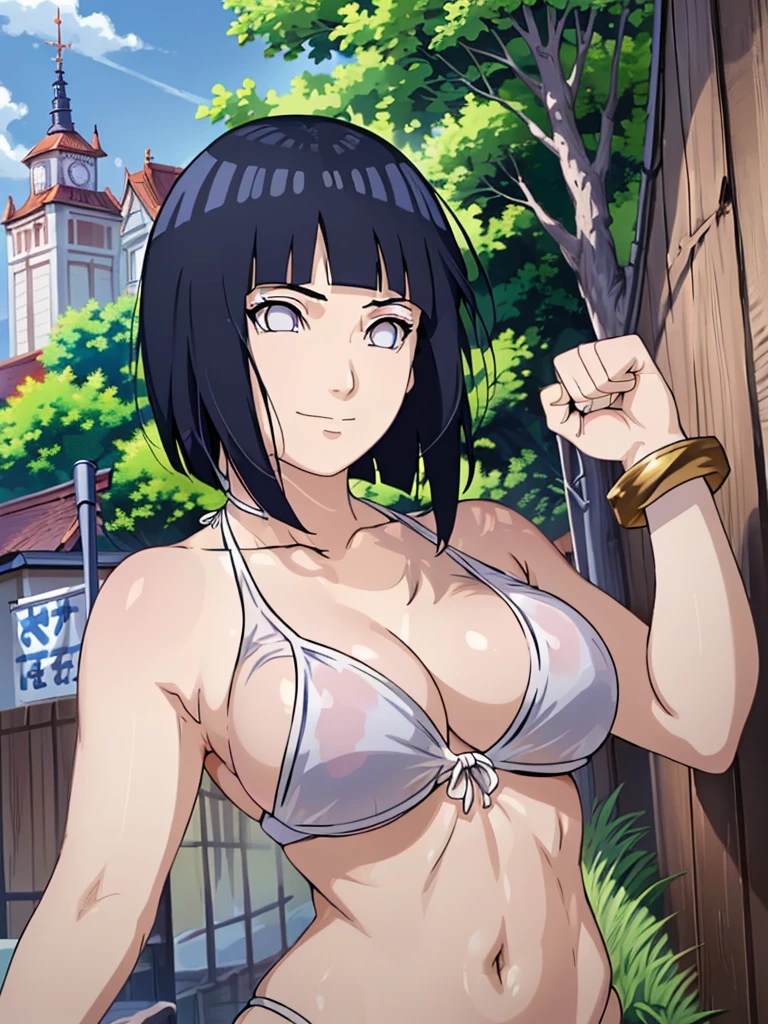 wind effect, thick arms, flexing arm muscles, cloud background, anime style, cute , beautiful mother, nice body, soft body, long belly, (hinata\(boruto\), (female wrestler), (slender body), mature woman , broad shoulders, off-shoulders, (transparent bikini, white bikini only,  pro wrestling outfit, bangles), smile, closed mouth, pale skin, cute, smile, (dark blue hair color:1.1), wavy hair, floating hair, ((short hair, hime cut, loose hair), big breasts, (only one arm stretching), long belly, (closed fists), , (perfect eyes, white sciera, bright eyes, white eyes, anime eyes)