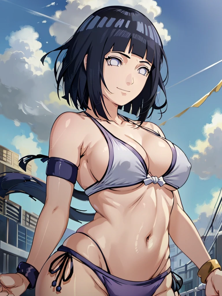 wind effect, thick arms, flexing arm muscles, cloud background, anime style, cute , beautiful mother, nice body, soft body, long belly, (hinata\(boruto\), (female wrestler), (slender body), mature woman , broad shoulders, off-shoulders, (transparent bikini, white bikini only, pro wrestling outfit, bangles), smile, closed mouth, pale skin, cute, smile, (dark blue hair color:1.1), wavy hair, floating hair, ((short hair, hime cut, loose hair), big breasts, (only one arm stretching), long belly, (closed fists), , (perfect eyes, white sciera, bright eyes, white eyes, anime eyes)