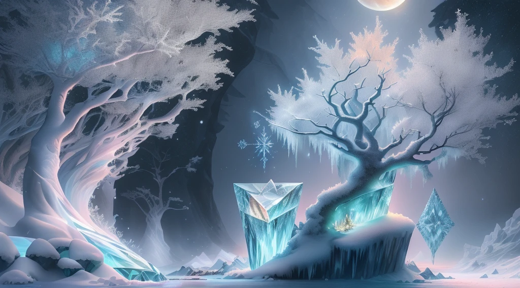 Arte conceitual de inverno, Snow and ice forest，Each branch is covered with sparkling ice crystals，They resemble countless diamonds，Shine brightly，The branches of the trees seem to be embedded in the snow and ice，A forest of ice and snow was formed， These ice crystals are exposed to moonlight，glittery，It was as if all the stars in the sky had fallen to the earth，Ice Mage, 4K fantasy art, 4K detailed digital art, ·, 4k highly detailed digital art, artgerm detailed,Moon Night，dyna，lute，hdr，hyperrealistic fantasy art，Epic digital fantasy art style，Beautiful dream art, Fairy tale digital art illustration,Romantic digital painting, In front of a magical landscape of snow-capped pine trees and ice flowers, Fantastic digital art, A dream-like transparent ethereal enchanted forest