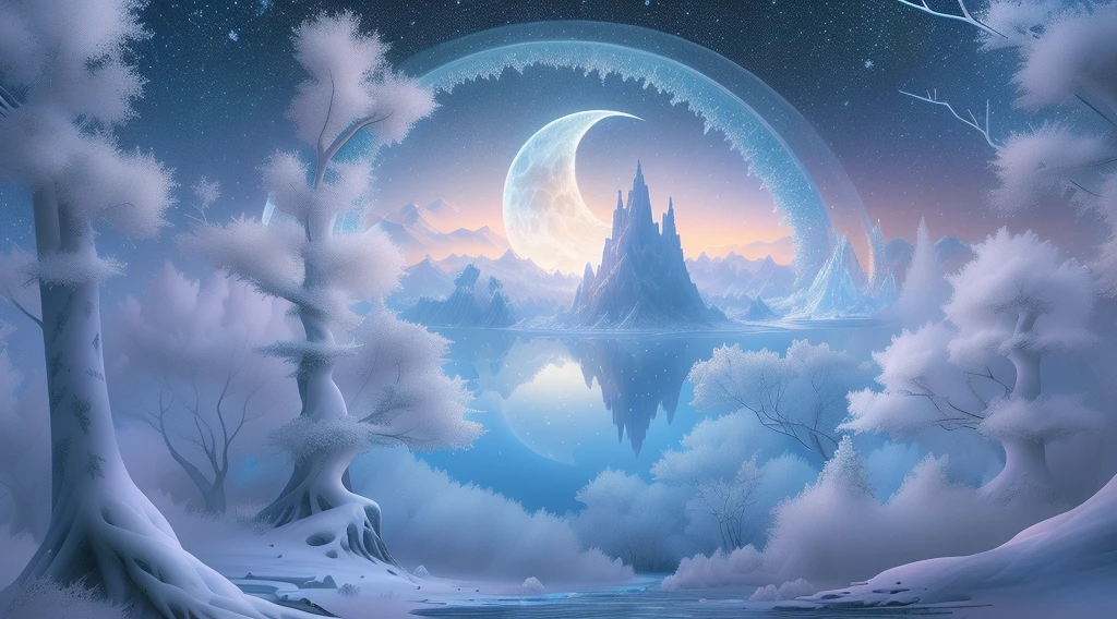 Arte conceitual de inverno, Snow and ice forest，Each branch is covered with sparkling ice crystals，They resemble countless diamonds，Shine brightly，The branches of the trees seem to be embedded in the snow and ice，A forest of ice and snow was formed， These ice crystals are exposed to moonlight，glittery，It was as if all the stars in the sky had fallen to the earth，Ice Mage, 4K fantasy art, 4K detailed digital art, ·, 4k highly detailed digital art, artgerm detailed,Moon Night，dyna，lute，hdr，hyperrealistic fantasy art，Epic digital fantasy art style，Beautiful dream art, Fairy tale digital art illustration,Romantic digital painting, In front of a magical landscape of snow-capped pine trees and ice flowers, Fantastic digital art, A dream-like transparent ethereal enchanted forest