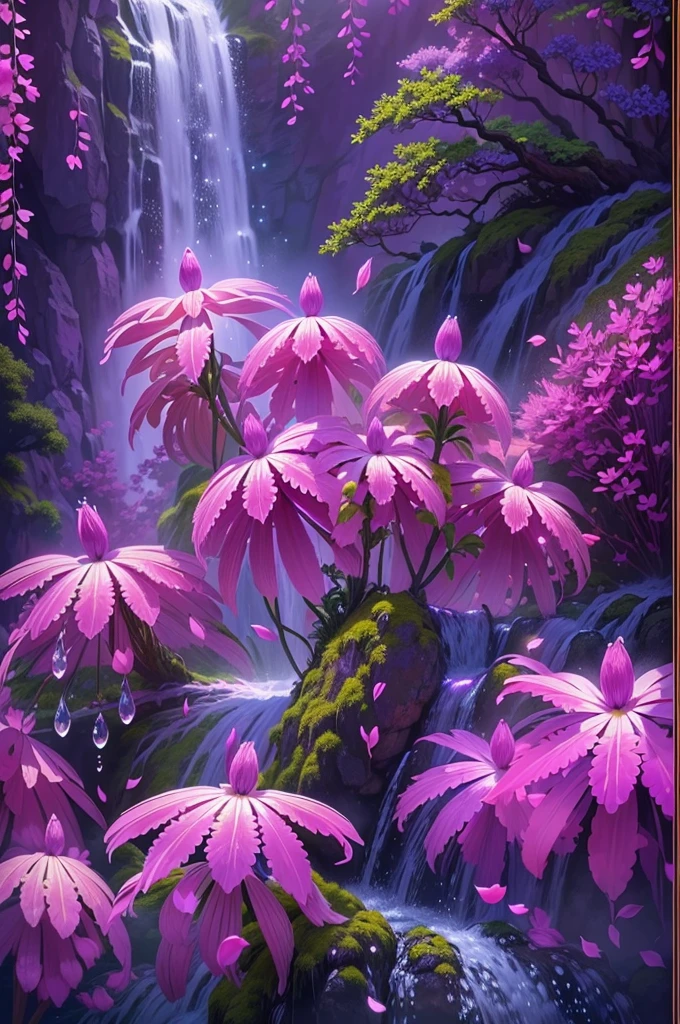 (a very rare flower),(on a waterfall spruce),(vibrant pink petals),(delicate, intricate details),(lush green foliage),(sparkling droplets of water),(soft, cascading flow of the waterfall),(enhanced colors and contrast:1.2),(hyper-realistic),(masterpiece:1.2),(dreamlike and surreal),(subtle shades of purple and blue),(soft, ethereal lighting)