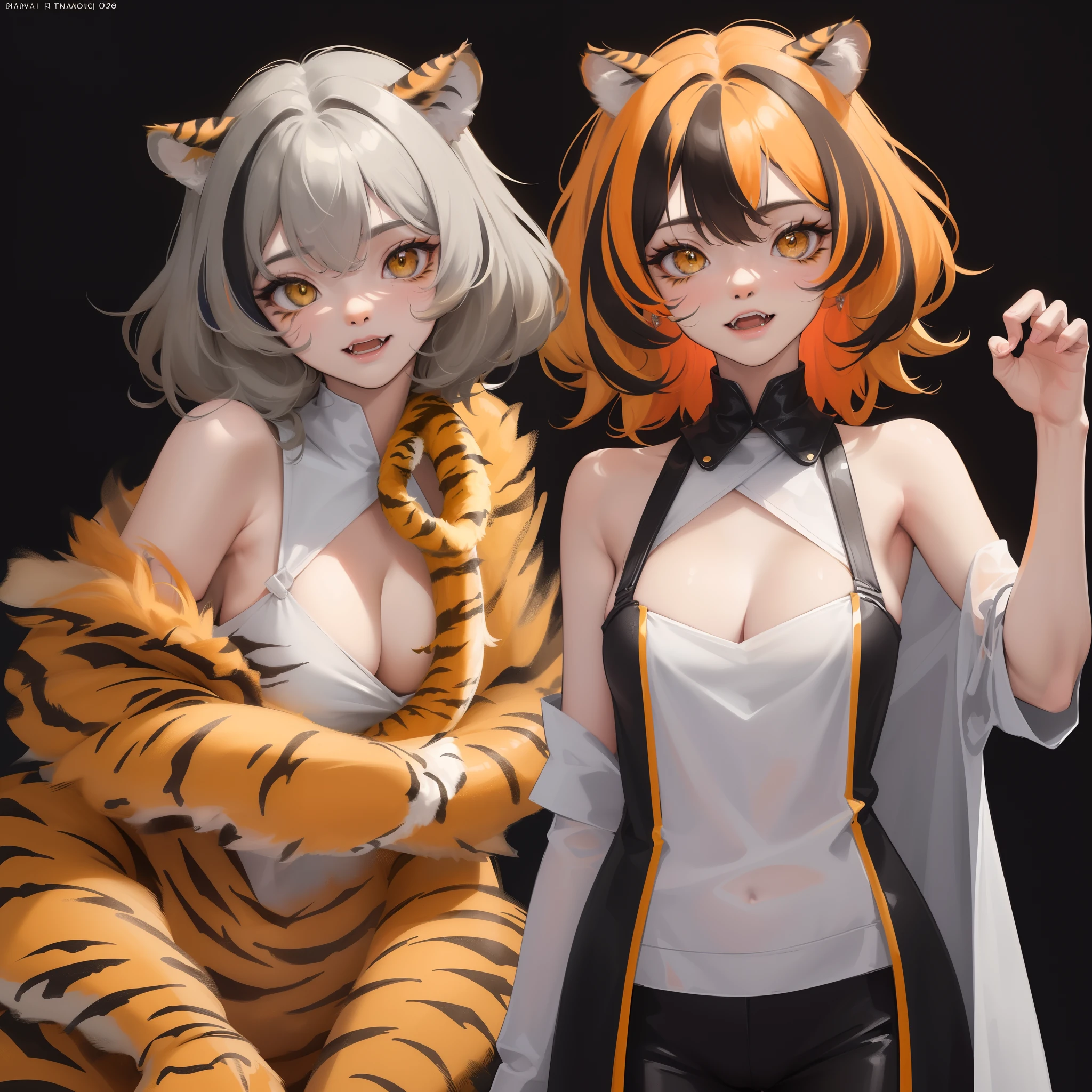 (best quality), detailed drawing, (masterpiece), near shot, upper body,1 girl, simple background, cute, kawaii, smile, masterpiece, best quality, 1girl, masterpiece, high quality, best quality, (concept art, official art, full body), ((((characters that anthropomorphized tiger)))), orange and yellow hair, black streaked hair, ((gray streaked hair)), messy short hair, yellow eyes, fangs, claw pose, simple background, highly detailed fine art, (finely detailed beautiful eyes and detailed face), delicate depiction of facial features, simple background