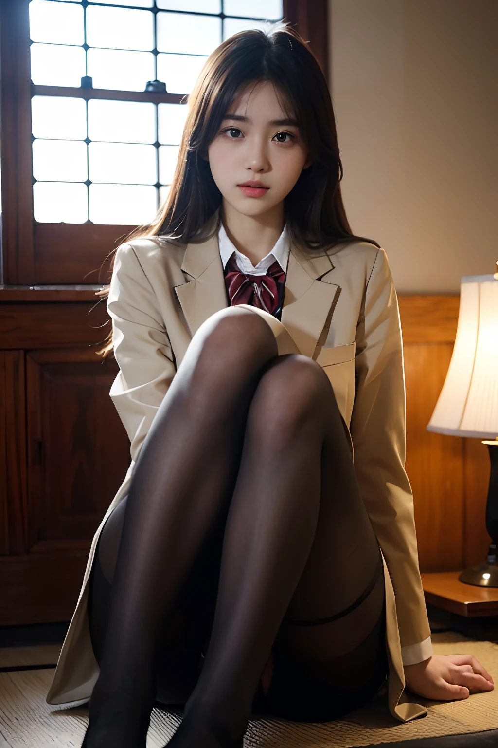 ulzzang -6500-v1.1, (Raw photo:1.2), (Photorealistic:1.4), Beautiful detailed girl, Very detailed eyes and face, Beautiful detailed eyes, Ridiculous, Incredibly ridiculous, Huge file size, super detailed, High resolution, Very detailed, Best Quality, masutepiece, Kemomimi, ((Japanese girls' high school uniform)), Illustration, Very detailed, nffsw, unified, 8K Wallpaper, amazing, Fine details, masutepiece, Best Quality, Highly detailed ticker uniform 8k wallpaper, Light on Face, Cinematic lighting, 1girl in, , (()), ((Dynamic Pose))), (Camel toe), (half), (pantyhose), (knee-bending leg sitting))