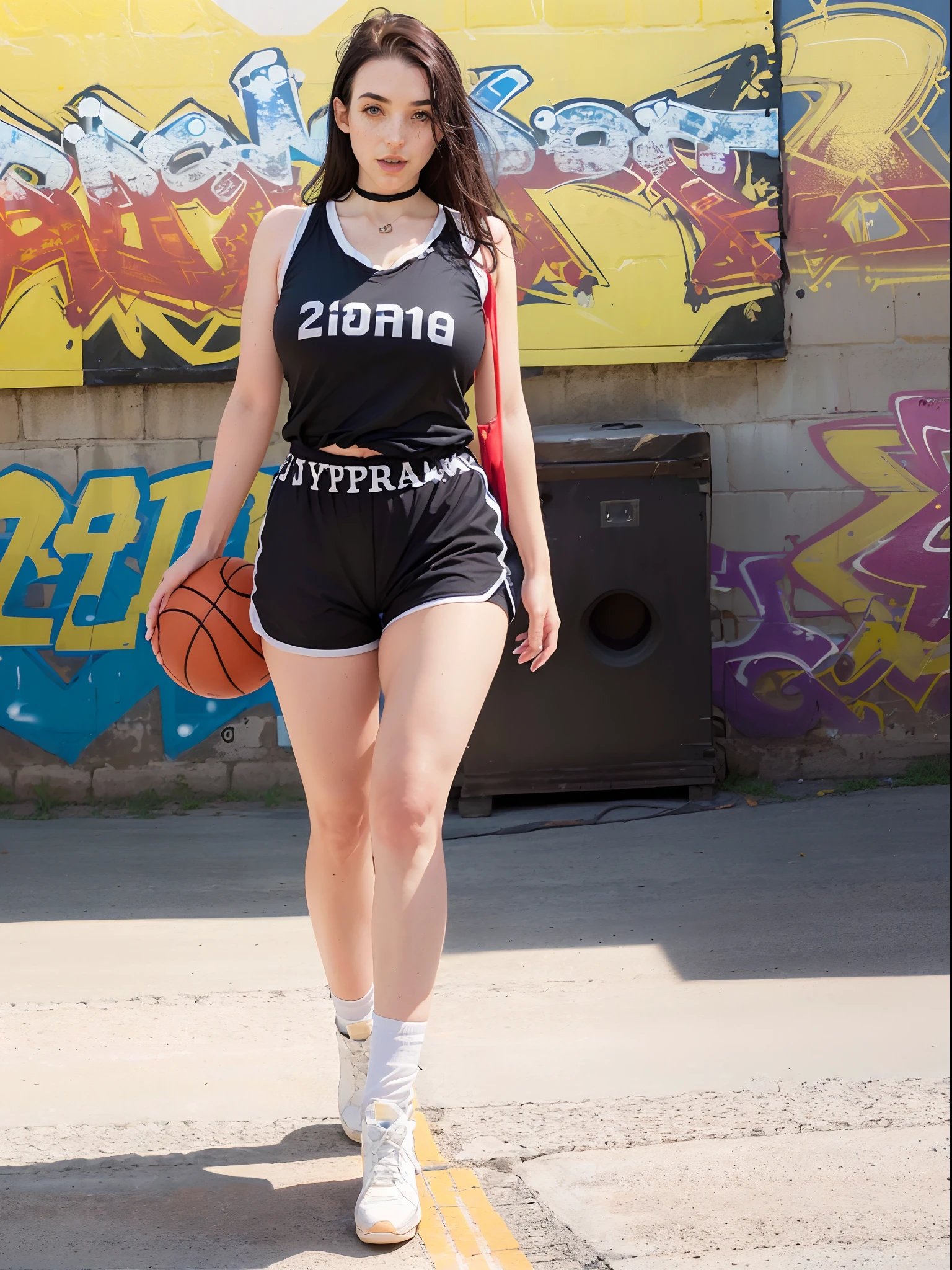 ultra-realistic photo of Angela White (25 years old, enigmatic eyes) | wearing shorts and top (Women's basketball | On a basketball court, (amateur basketball, doubles basketball) suburbia, graffiti, hip-hop environment, outskirts | playing basketball | sunny day | ray rendering, ray tracing, dense propagation | Directed by: Josan Gonzalez and Liang Mark (upper body shot), (walking towards viewer: 1.3), (hyper-realistic: 1.3), (portrait: 1.2), highly detailed, (highly detailed skin: 1.3), (freckles: 0.6), Pores, (4k), backlit, light border | large breasts: 1.3, legs crossed