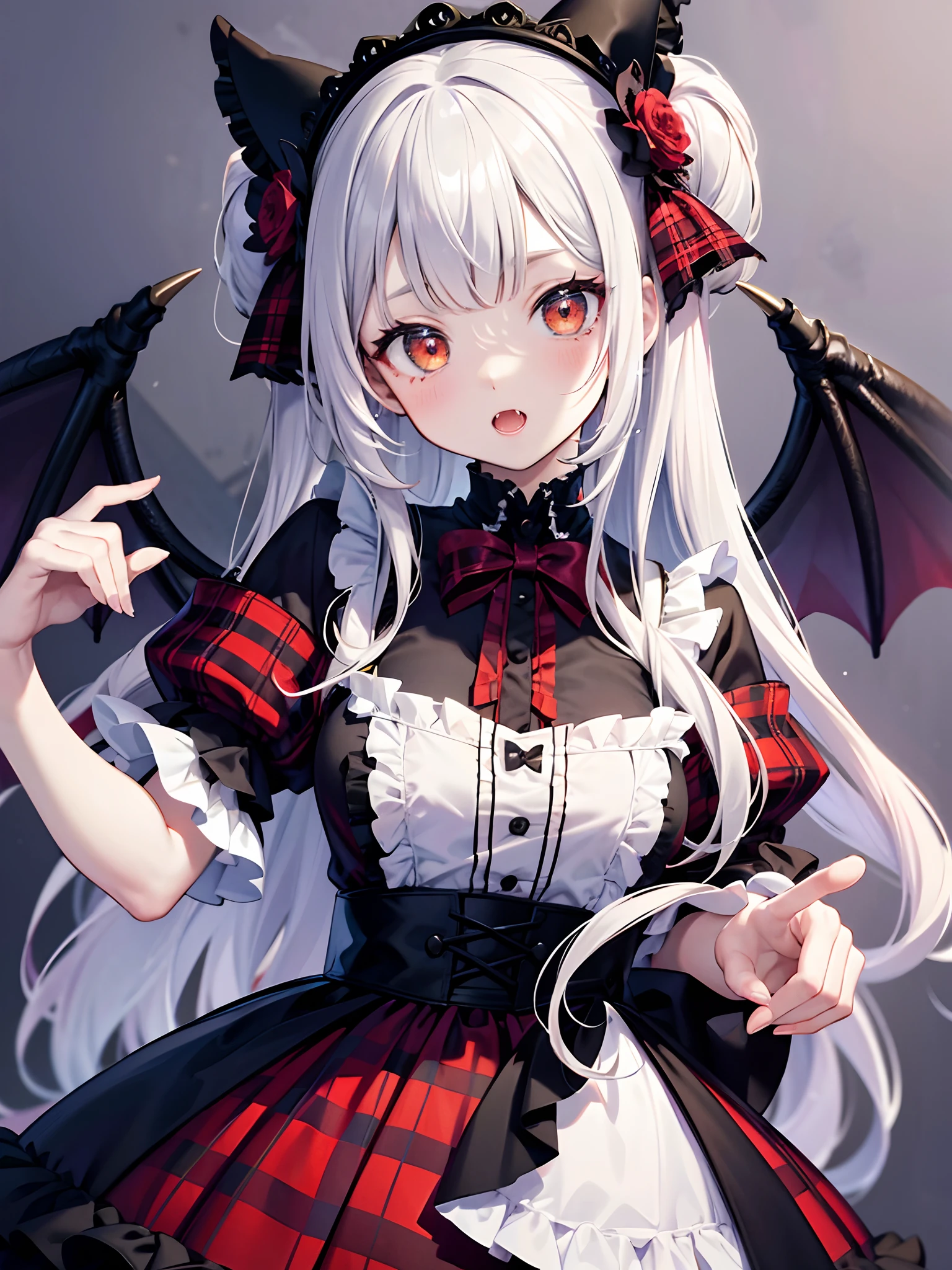 masterpiece, high quality, best quality, ultra detailed, Vampire, fangs, plaid dress, bow, ****ta fashion, ****ta style, anime girl cosplay, ****, cute, angelic pretty, ****, portrait of ****ta girl, red checker, y 2k, y2k, emo style, non-mainstream, red checker, mine-series girl, harajuku style, exaggerated dressing, complex decorations, rock style, gothic style