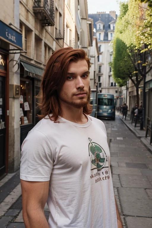 homme, 18 ans, 80kg, 180cm, Coppery red hair, coupe business, barbe naissante, Yeux verts , t shirt court couleur abricot, Slightly muscular , petite rue parisienne, Spring Day,