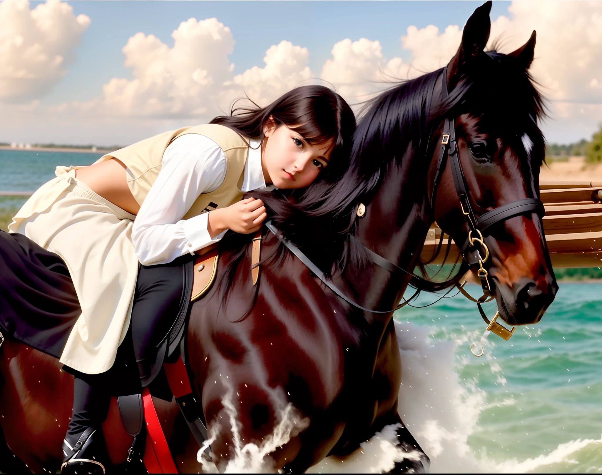 There's a young girl riding a black frison horse in a photorealistic hyper-relist image