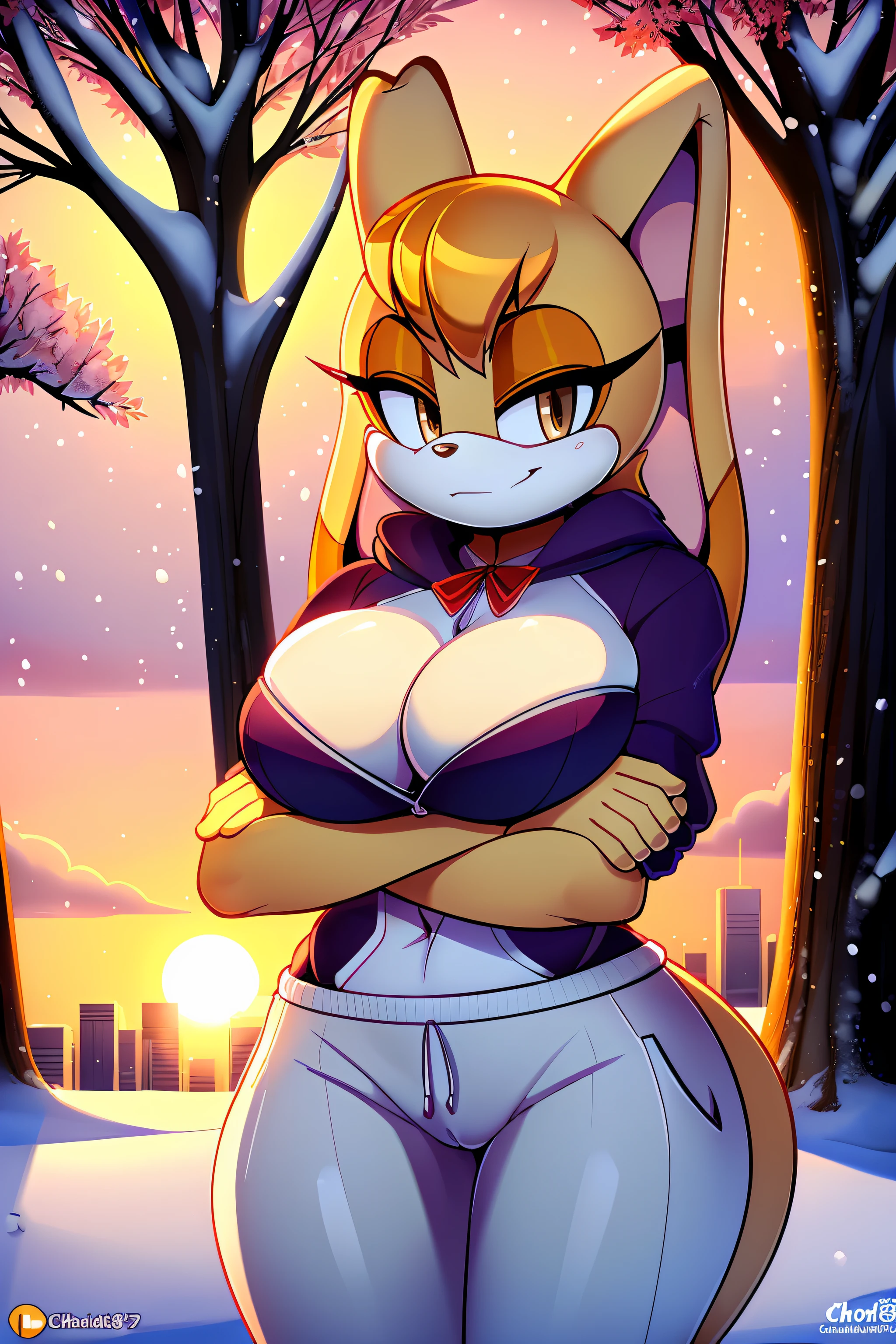 masterpiece, best quality, vanilla the rabbit, brown eyes, animal nose, sonic the hedgehog (series), short hair, orange hair, white gloves, looking at viewer, standing, red high heels, rabbit girl, medium breasts, breasts, sonic the hedgehog \(series\), furry, furry female, highly detailed, detailed background, mature female, city, buildings, outside, (uploaded on e621), (((by marthedog, by chadthecartoonnut, by avante92))), dress, blue ascot, red vest, uploaded on e621, by Smileeeeeee, by Whisperfoot, by Kammi-Lu, by Tsampikos, solo anthro, ((portrait)), Vanilla the rabbit, Big City Skyscrapers, Central Park with snow, Beautiful day, Sunny noon day, Portrait Of Stunningly Beautiful Furry Bunny Girl, Soft Delicate Beautiful Attractive Face With Alluring Purple Eyes, Voluminous Eyebrows, Thick Eyelashes, (Smug Face:1.1), Bunny Snout, sexy gaze at viewer, (half-closed eyes), looking at viewer, Gray Thick Layered Body Fur, Long Bunny Ears With Tail, BREAK, medium sized breasts, (standing on snow), ((cleavage overflow)), (exposing her breasts), ((body facing the viewer)), ((view from the front)), ((looking at the viewer)), (visible cameltoe), BREAK, located in a park, Beautiful Park with Trees, City Park Background, (Highest Quality, Amazing Details:1.4), Cel Shading, Raytracing, Color Grading, 3D Animation, Picturesque Scenery, BREAK, furry breasts, ((perfect body)), short waist, ((SFW)), ((wear white hoodie), ((wear white sweatpants)), (cameltoe), (tight clothing), BREAK, (sunrise in the background), (sunrays through the leaves of the trees), (sunlight hitting on Judy Hopps), (warm lighting), cold weather, (cold snow environment), ((snowing)), (crossed arms:1.4)