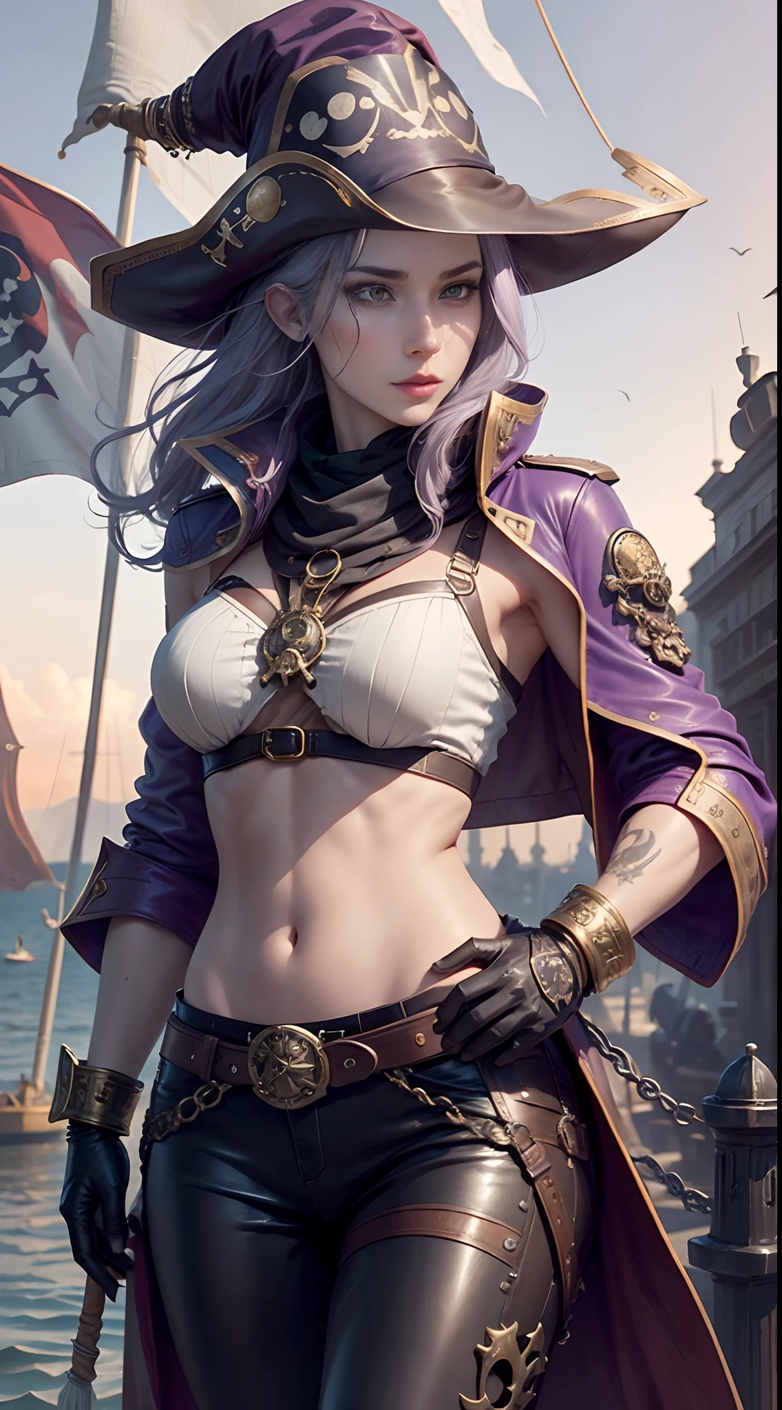 full bodyesbian, Top quality, Intricate details , (Fine skin, Shiny skin, Shiny hair, Pale complexion), Purple sky, golden time, Sunset, Sail ships, Pirate ship, ((Skull mark on flag)), Ambitious, Seductive Woman, Gray hair, Long hair, Hair fluttering in the wind, scar on the cheek, detailed tattoos, Leather clothes, Sleeveless clothes, Leathercoat, Leather gloves, Solid gold bracelet, leather pant, Red trousers, Pirate hat , A hat with a skull marker, (Leather belt), Look far away