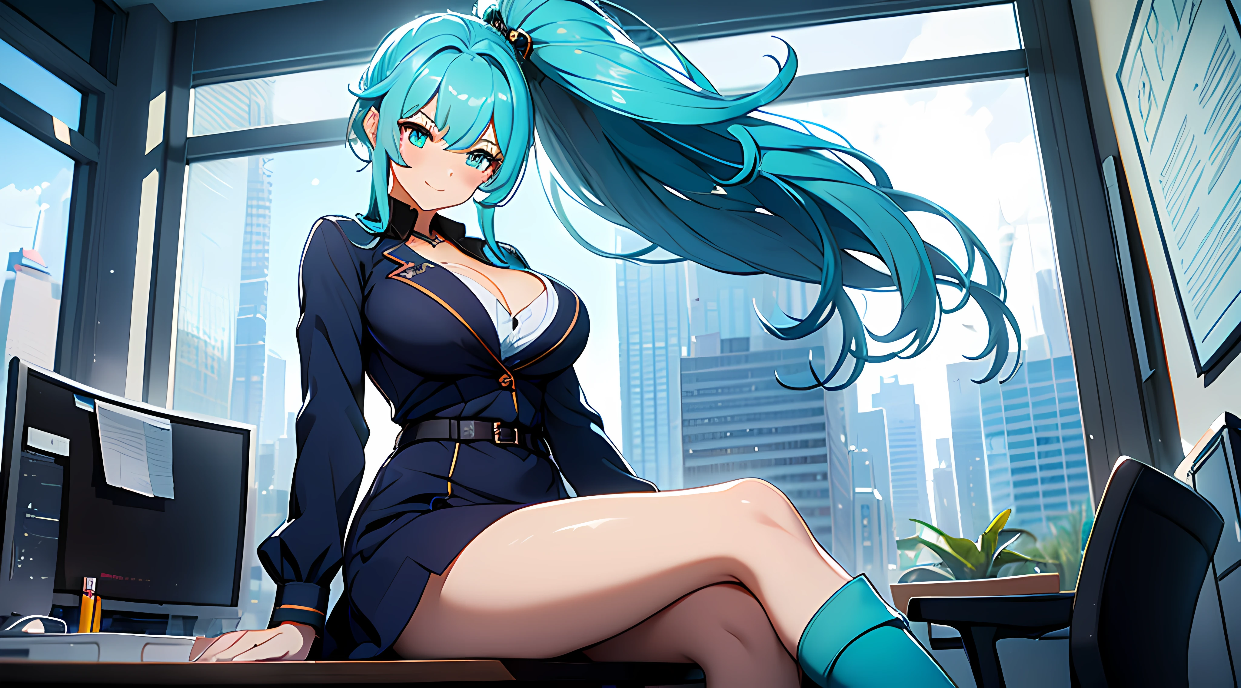 (masterpiece), best quality, (Highly Detailed CG Unity 8k wallpaper), Detailed background, (Hands by Guido Daniele: 0.5), First person perspective, 1, Beautiful human girl who is attractive and perfect, teenager,  (long turquoise hair), (royal ponytail hair: 1.12),(turquoise eyes: 1.13), (curvaceous), slender legs, BREAK
 ((wearing navy blue office dress)),  (UGG boots), (black tights), ((cleavage)), BREAK
 Look at the viewer, low side view angle, (sitting with legs crossed), sitting on office desk, sexy, hot, beautiful face, (Blush: 0.90), (Smile: 1.11)expressive eyes, perfect face, aqua hair, large breasts, SFW,