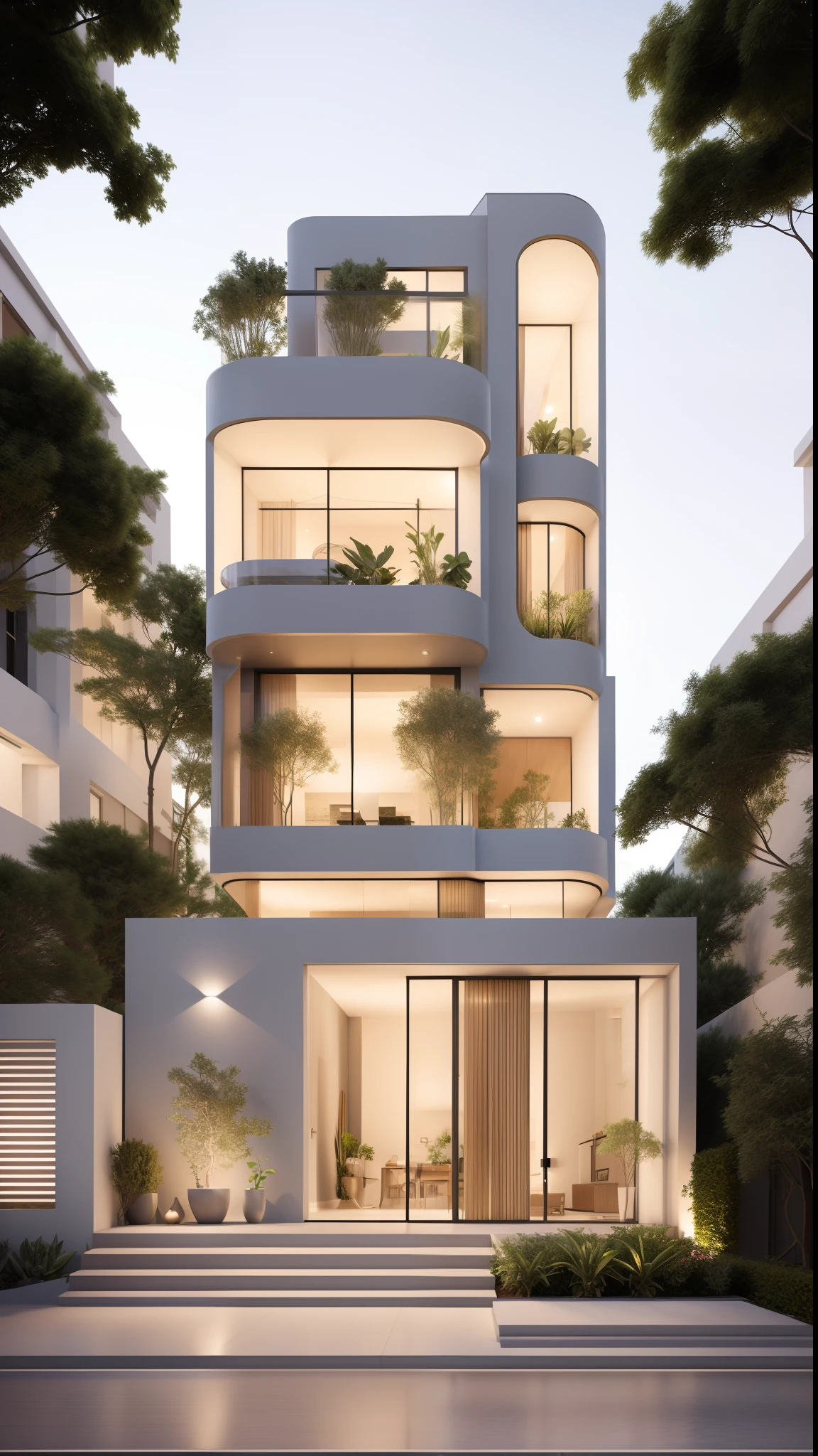 a drawing of a house with a staircase leading to a large glass window, high quality architectural art, architecture art, architectural illustration, contemporary architecture, mono,beautiful and realistic photos, busy surrounding space, realistic trees, surrounding landscape is the city, soft light, late afternoonchrome drawing, realistic architecture, architectural rendering, architectural sketch, in style of zaha hadid architect, architectural concepts, architectural concept, rounded architecture, architecture drawing, artistic drawing, exquisite architecture, beautiful artist rendering, architectural render