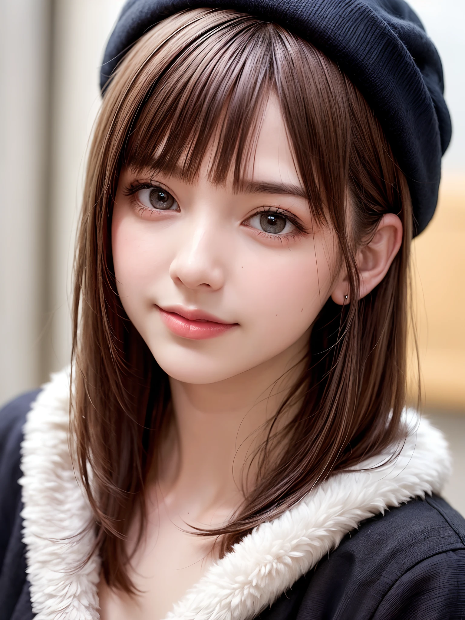 (masterpiece, top-quality、Very attractive adult beauty、Add intense highlights to the eyes、Look firmly at the camera:1.2),1girl in, 独奏, A dark-haired, scarf, Hats,, realisitic, looking at the viewers, black eyes of light color, shorth hair, coat, Winter clothes, White headscarf, s lips, lipgloss,bangss, The upper part of the body、big eye、Lashes)、((Road system in Italy))、((Shorthair with bangs、big eye、Put very strong highlights in your students、very Bigger breasts、gazing at viewer、Very beautiful beauty、Put your ears out、long neck、little smiling、Beautiful teeth、Open your mouth and smile))、28 year old、Very cute supermodel