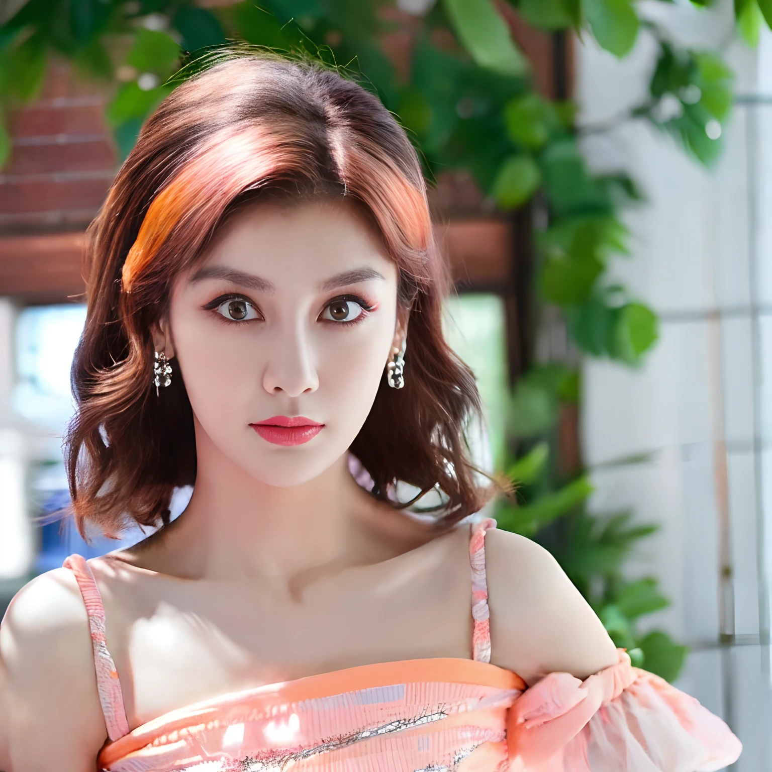 1girl, kpop idol, Cover photo, pink, aesthetic, pastel colors, Short bob with curled tips, orange hair, siren eyes, green eyes color, serious look, alluring, pink frilly mini dress, Lolita style dress, posing for cover photo.
