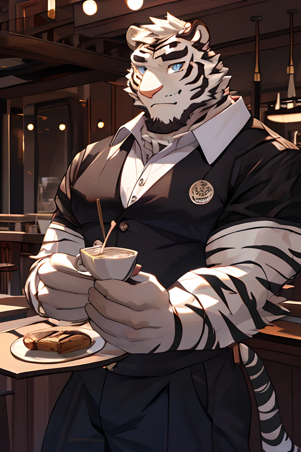 Anthropomorphic White Tiger, Body Fit, Black Strips, Short Hair, Perfect Eyes, Waiter Uniform, Smiling, Heart Warming, Cool Pose, Handsome, Good looking, Looking To Front, Morning Time, Cafe Background.