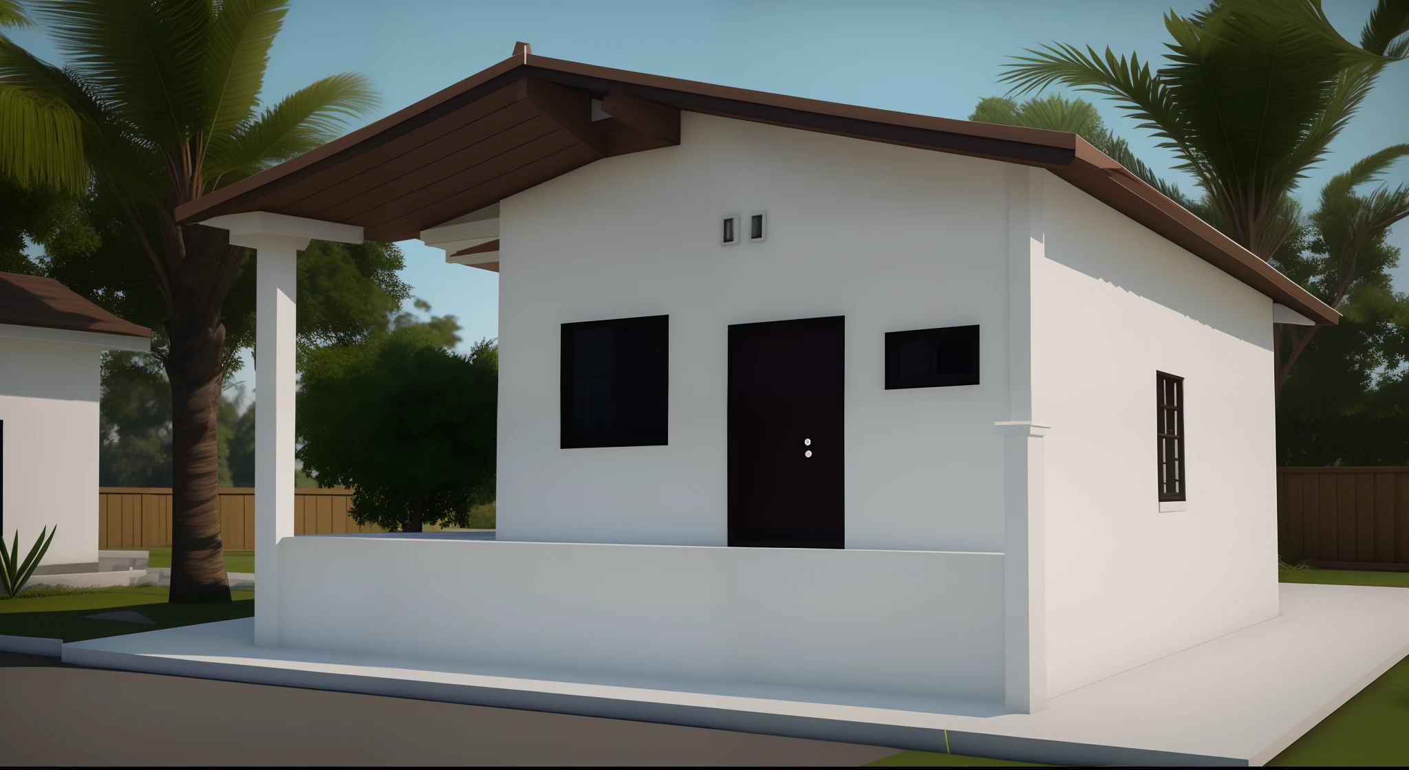 There is a small White House with a brown roof and a small White House, renderizar 3 d, em estilo de realismo simplificado, Renderizado no Lumion Pro, 3 d finalrender, 3d final render, semi-realistic rendering, imagem renderizada, renderizado em lumion, Renderizado em 3 dsmax, Processado, clean render, renderizado em unreal engine 3d