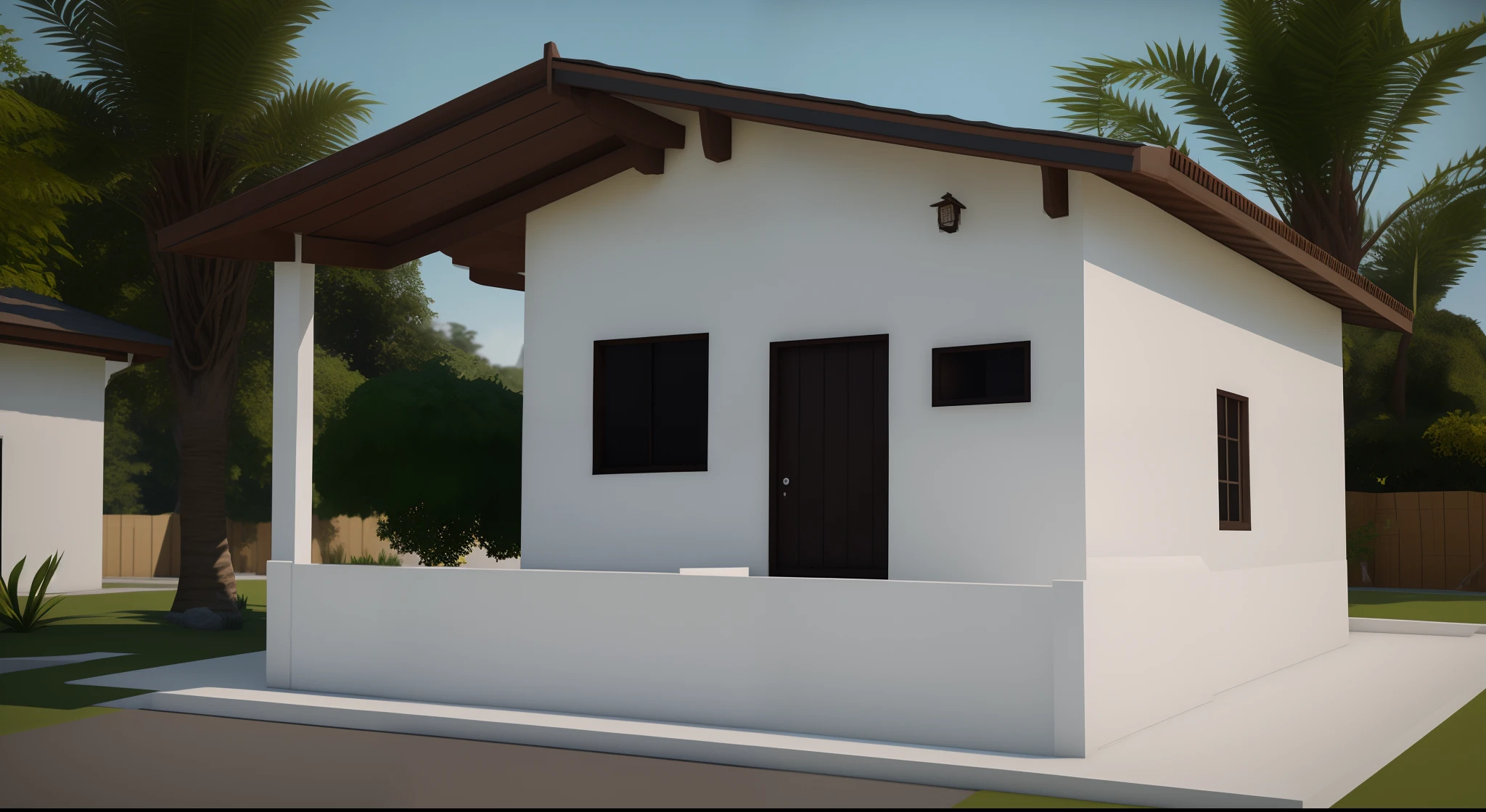 There is a small White House with a brown roof and a small White House, renderizar 3 d, em estilo de realismo simplificado, Renderizado no Lumion Pro, 3 d finalrender, 3d final render, semi-realistic rendering, imagem renderizada, renderizado em lumion, Renderizado em 3 dsmax, Processado, clean render, renderizado em unreal engine 3d