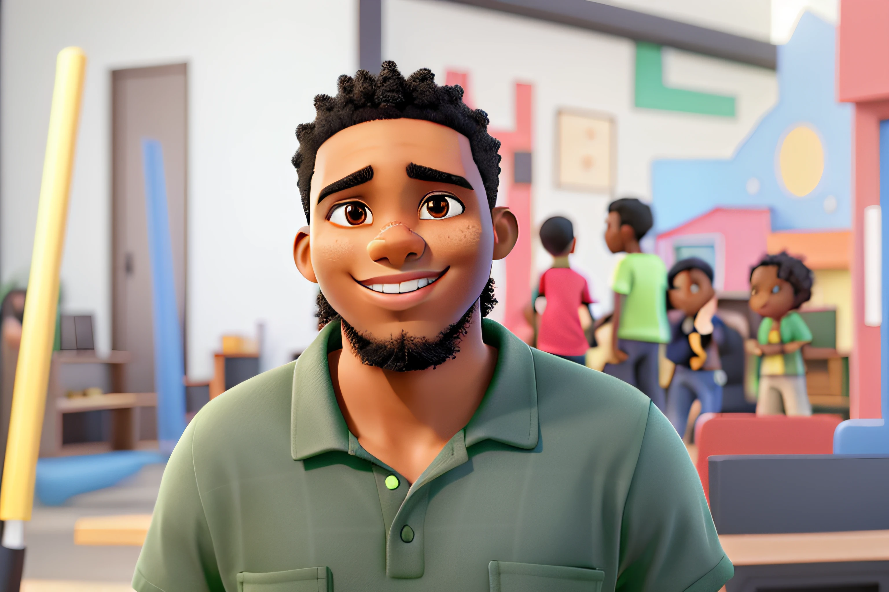 Young black man 27 years old standing smiling with black hair, green shirt and kids playing behind, fundo da imagem desfocado