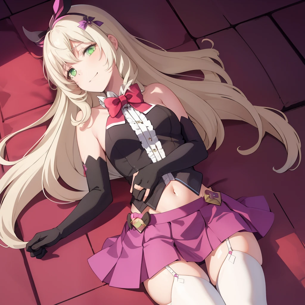 (masterpiece, best quality:1.2),illustration,hd,1girl,solo,green eyes,long hair,white hair,gloves,elbow gloves,navel,purple skirt,bowtie,Black gloves,red bow,shirt,white thighhighs,hair ornament, evil smile, lying on the floor on her back