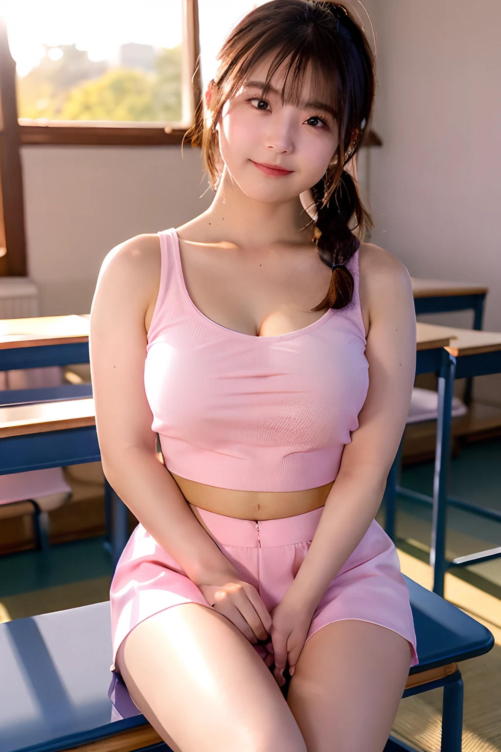 (Best Quality,8K,nffsw:1.2),(cute Japanese girls),(Huge breasts:1.15), Plump:1.4, (Wear a satin pink crop top:1.2), Sleeveless, (See-through:1.2), in a school, (Ponytail), ((pantyshot))、((Open legs:1.2))、Inviting eyes、Under the setting sun，In the classroom, Evening glow、Magic Hour