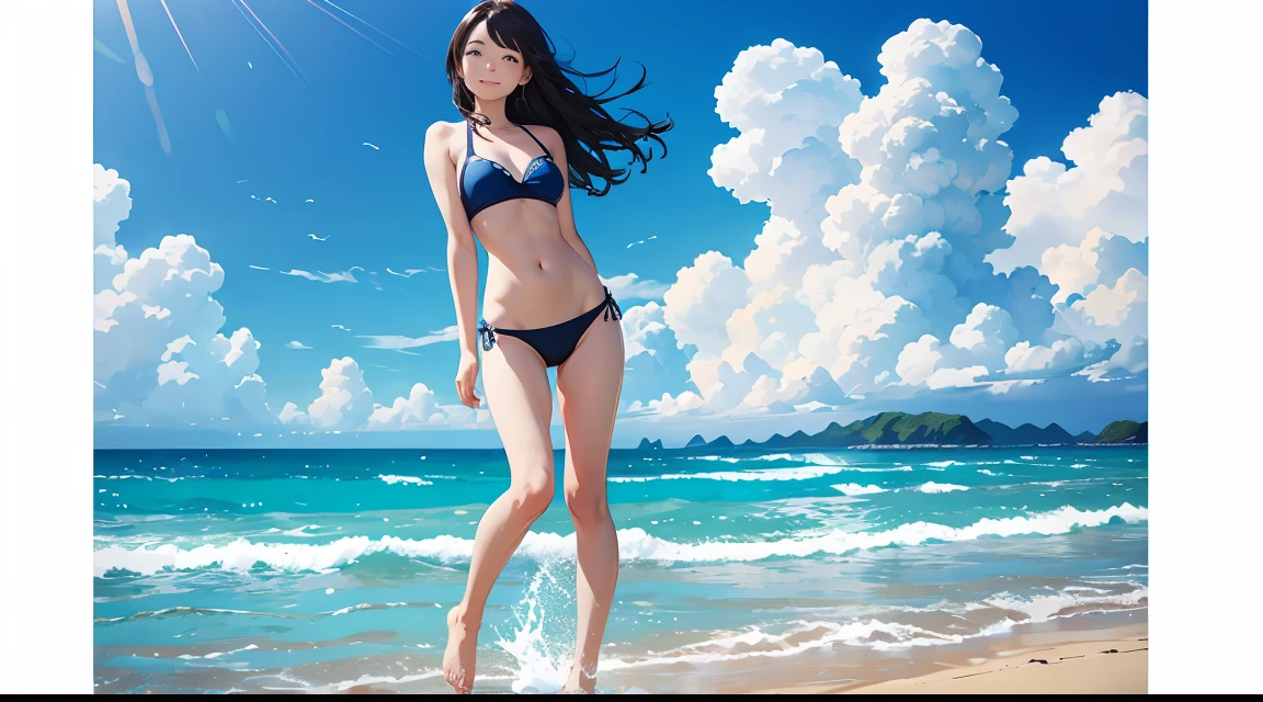 比基尼,sandbeach,beautiful Girl,with blue sky and white clouds,swell sea,full body, close up, smirk