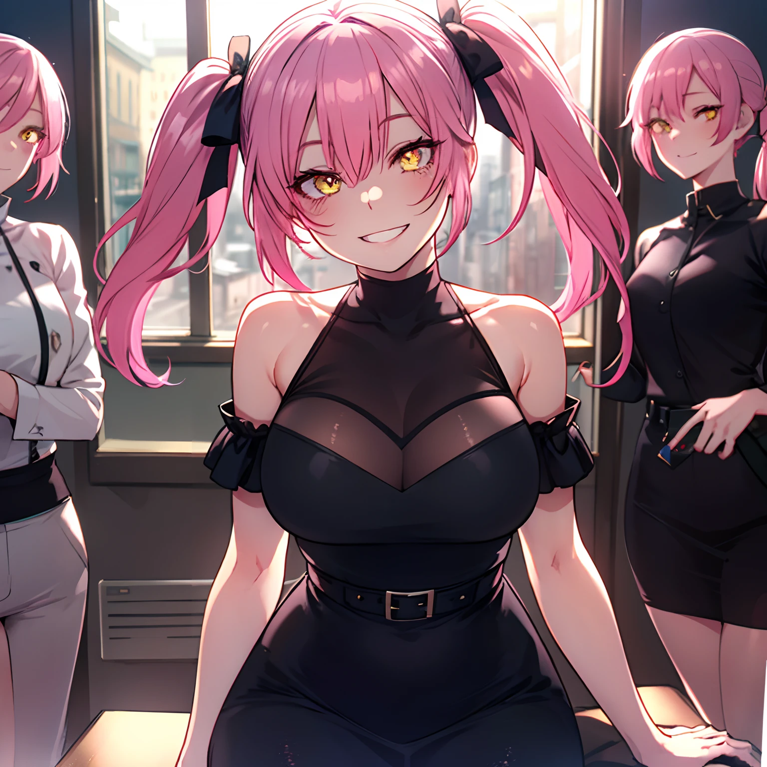 1girl, pink hair, twintails, long hair, medium breasts, yellow eyes, ultra detailed eyes, smile, big smile with teeth, happy expression, Black dress, focus on face, room, window, ultra detailed, 8K wallpaper, reflection light, ray tracing, realistic