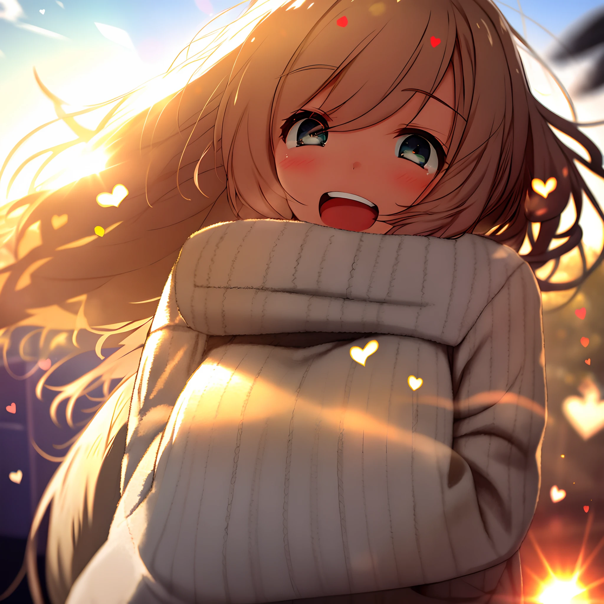 a girl, cosy sweater on, upper body, (huge Laughing:1.1), (open mouth:1.1), (wide open eyes:1.2), sun glare, bokeh, depth of field, blurry background, light particles, strong wind, (heart particles:1.1)
