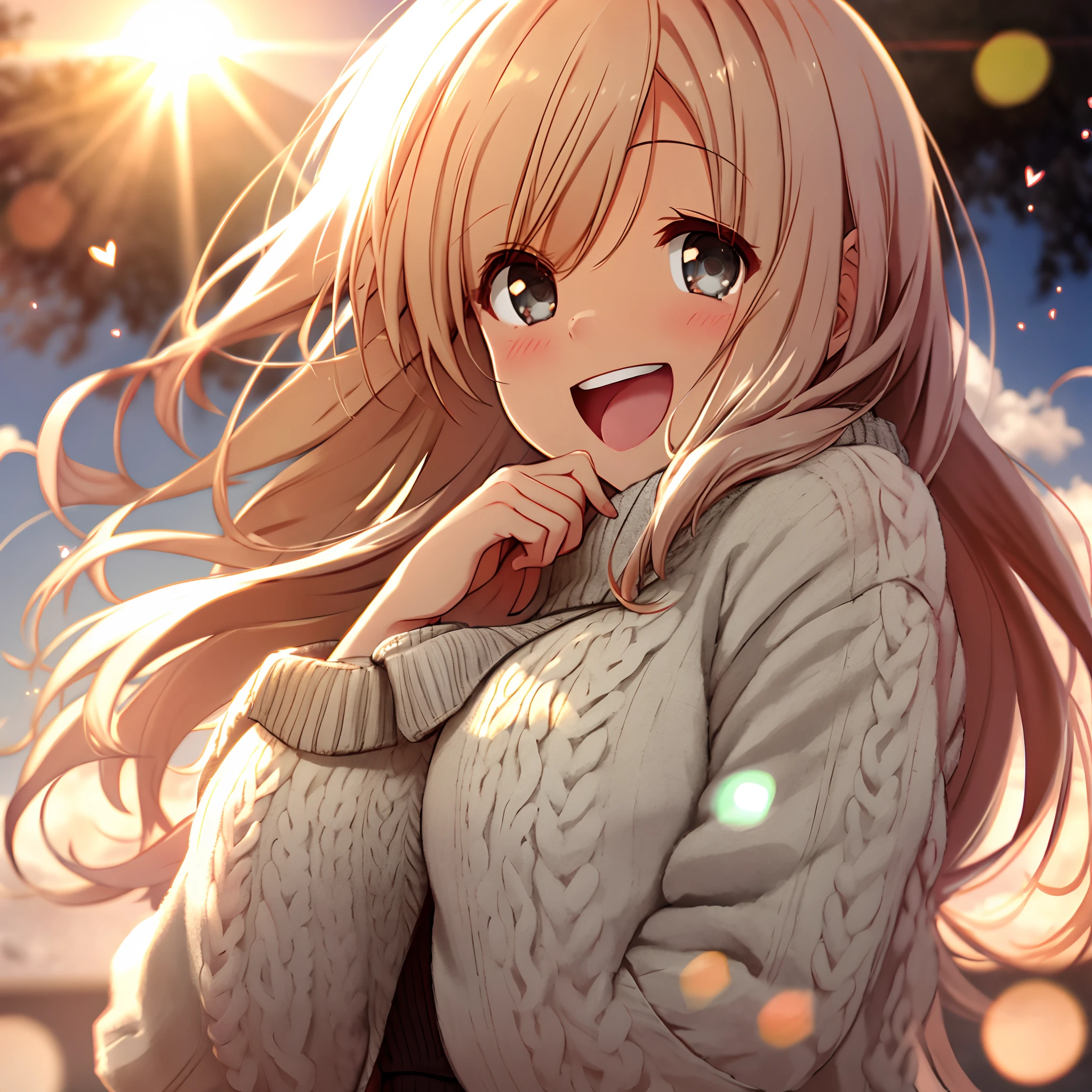 a girl, cosy sweater on, upper body, (huge Laughing:1.1), (open mouth:1.1), (wide open eyes:1.2), sun glare, bokeh, depth of field, blurry background, light particles, strong wind, (heart particles:1.1)