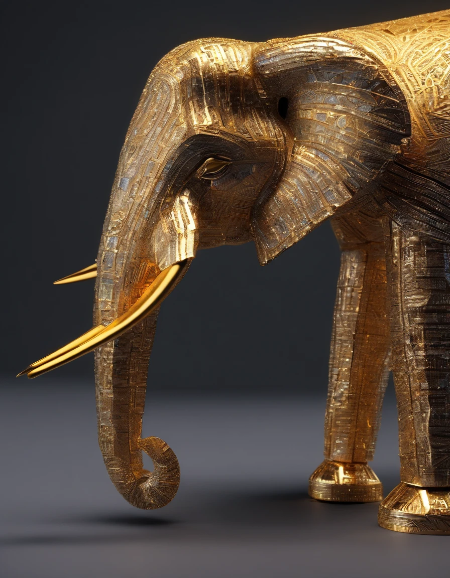 Intricate elephant made of paper origomi, hammered metal atyle, cinematic light, golden particles, shallow depth of field, dark theme, black background
