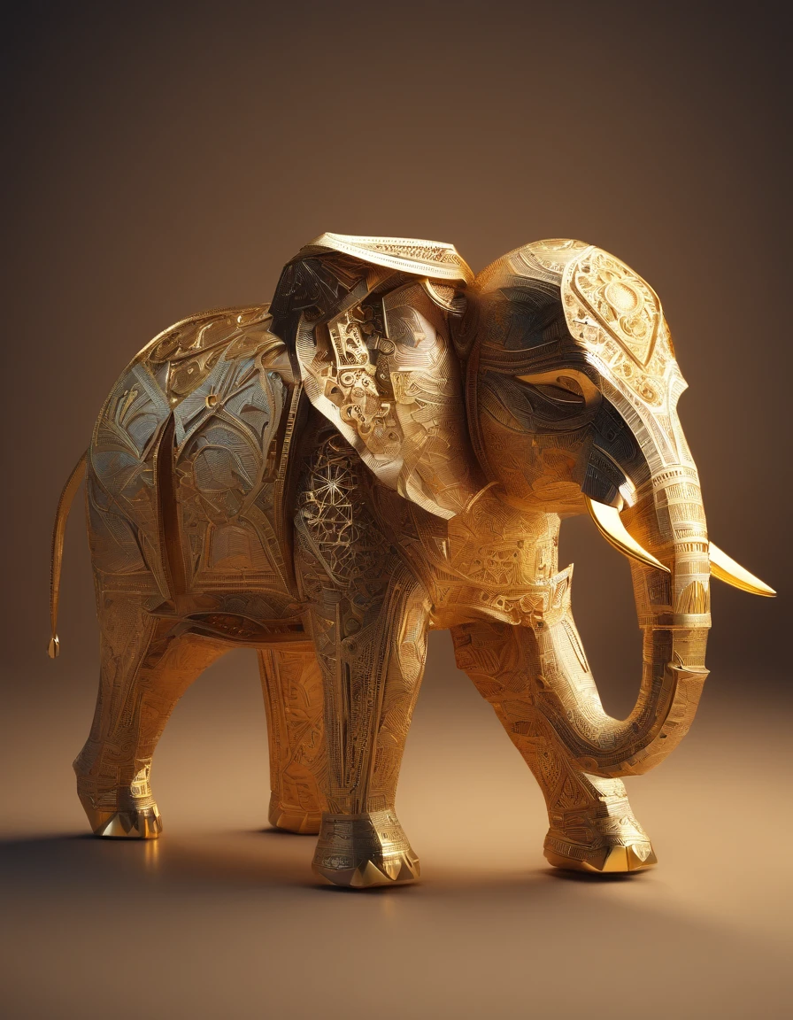 Intricate elephant made of paper origomi, hammered metal atyle, cinematic light, golden particles, shallow depth of field, dark theme, black background
