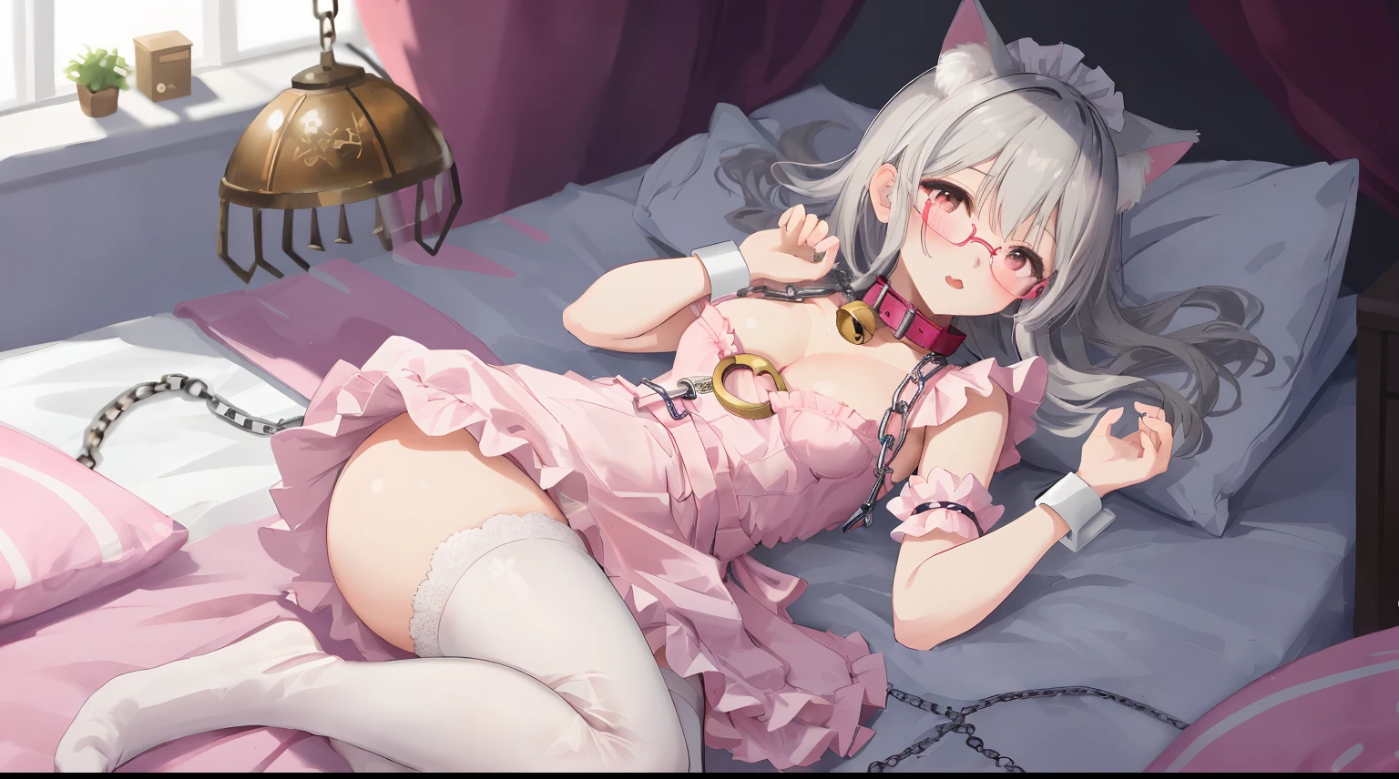A girl with pink ears, a cat tail, Glasses, Long gray hair, Bell collar, Collar chain,Collar chain,handcuff,handcuff,Pink maid outfit with handcuffs, white stockings,white stockings,white stockings,The kinky is exposed ,The kinky is exposed,The kinky is exposed,Ah hey Yan,Two-dimensional girl,Reddening cheeks