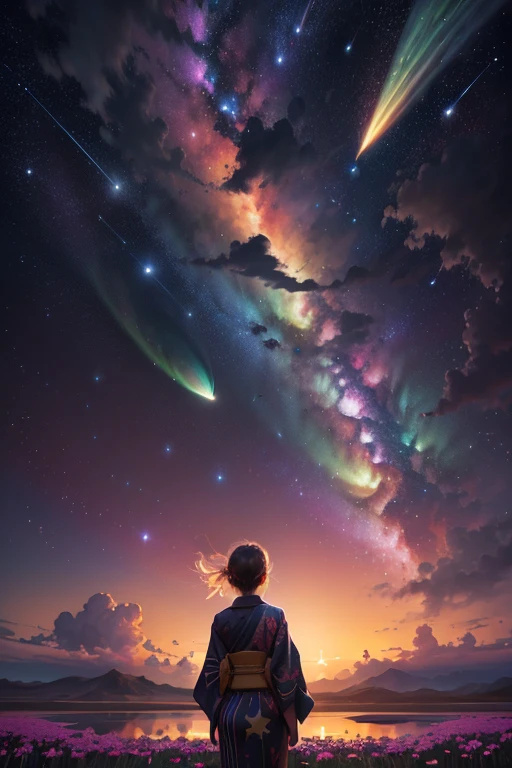 Girl standing looking up into the stars, clouds floating around her, brilliant colors, amazing swirls of cosmic dust, colorful vibrant, light particles, water color painting, splash art, (zoom out:1.1), (meteor shower:1.2), (comet:1.1), low-up angle, from behind, aroura borealis, shooting star, yukata, red kimono , cherry blossoms, Standing in a field, best quality, masterpiece, cloud, colorful, starry, stars, --self