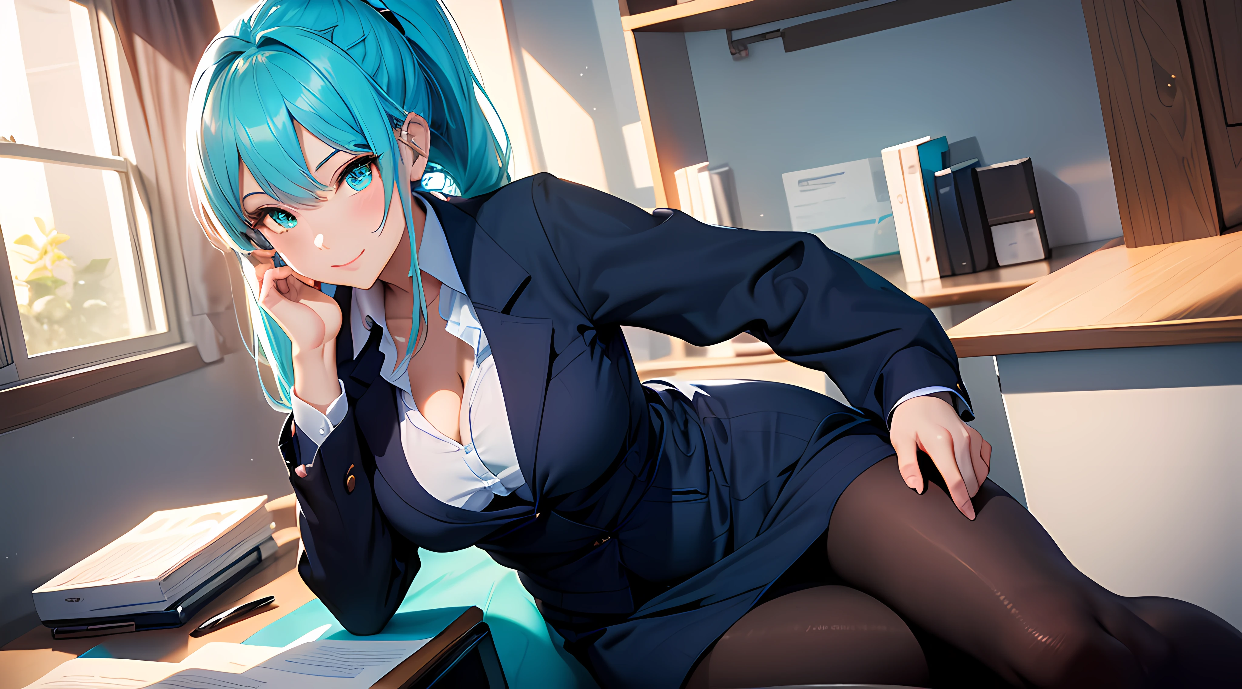 (masterpiece), best quality, (Highly Detailed CG Unity 8k wallpaper), Detailed background, (Hands by Guido Daniele: 0.5), First person perspective, 1, Beautiful human girl who is attractive and perfect, ager, (long turquoise hair), (royal ponytail hair: 1.12),(turquoise eyes: 1.13), (curvaceous), slender legs, BREAK
((wearing navy blue office dress)), ((office lady)) l, (UGG boots), ((black tights)), ((cleavage)), BREAK
Look at the viewer, side view angle, (sitting legs crossed), sitting on desk, sexy, hot, beautiful face, (Blush: 0.90), (Smile: 1.11)expressive eyes, perfect face, aqua hair, large breasts, SFW,