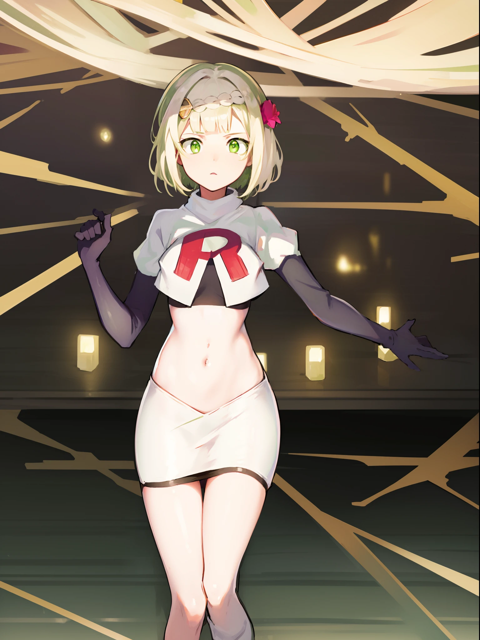 genshinnoelle, noelle, braid, flower, hair flower, hair ornament, short hair, silver hair, (green eyes:1.5),team rocket,team rocket uniform,white skirt,crop top,black thigh-high boots,black elbow gloves,